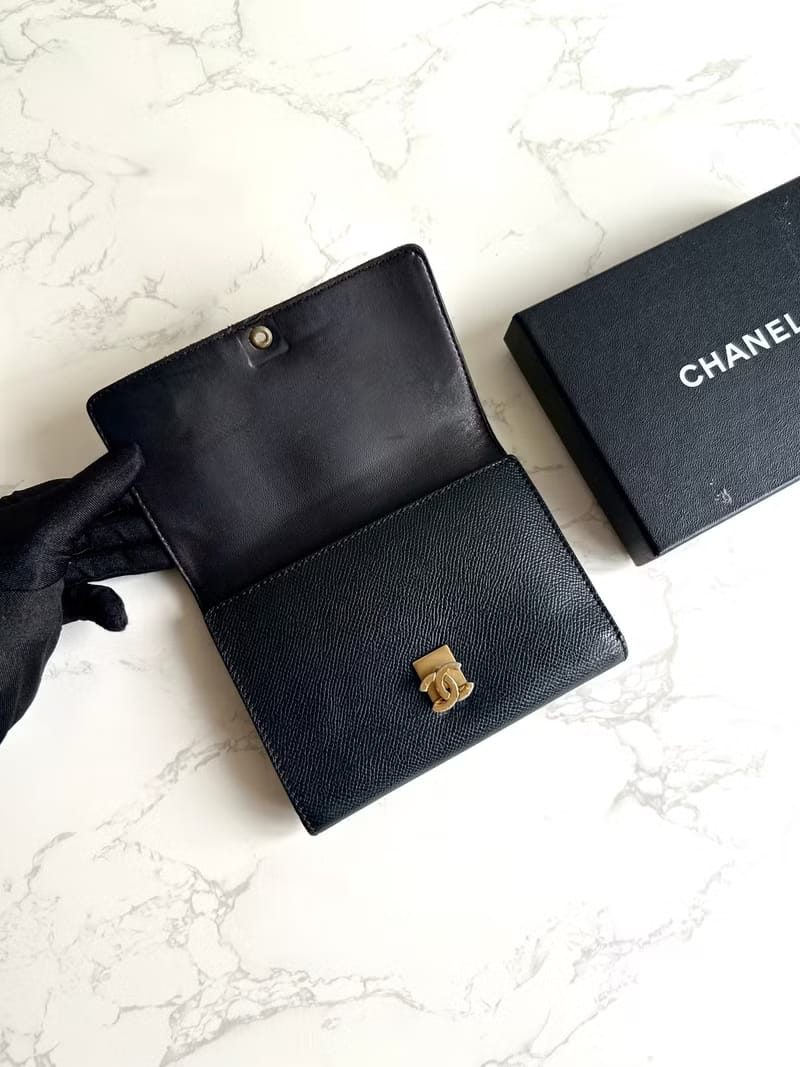 Rare Used Chanel Black Calfskin Leather Bold Gold Hardware Bifold Wallet