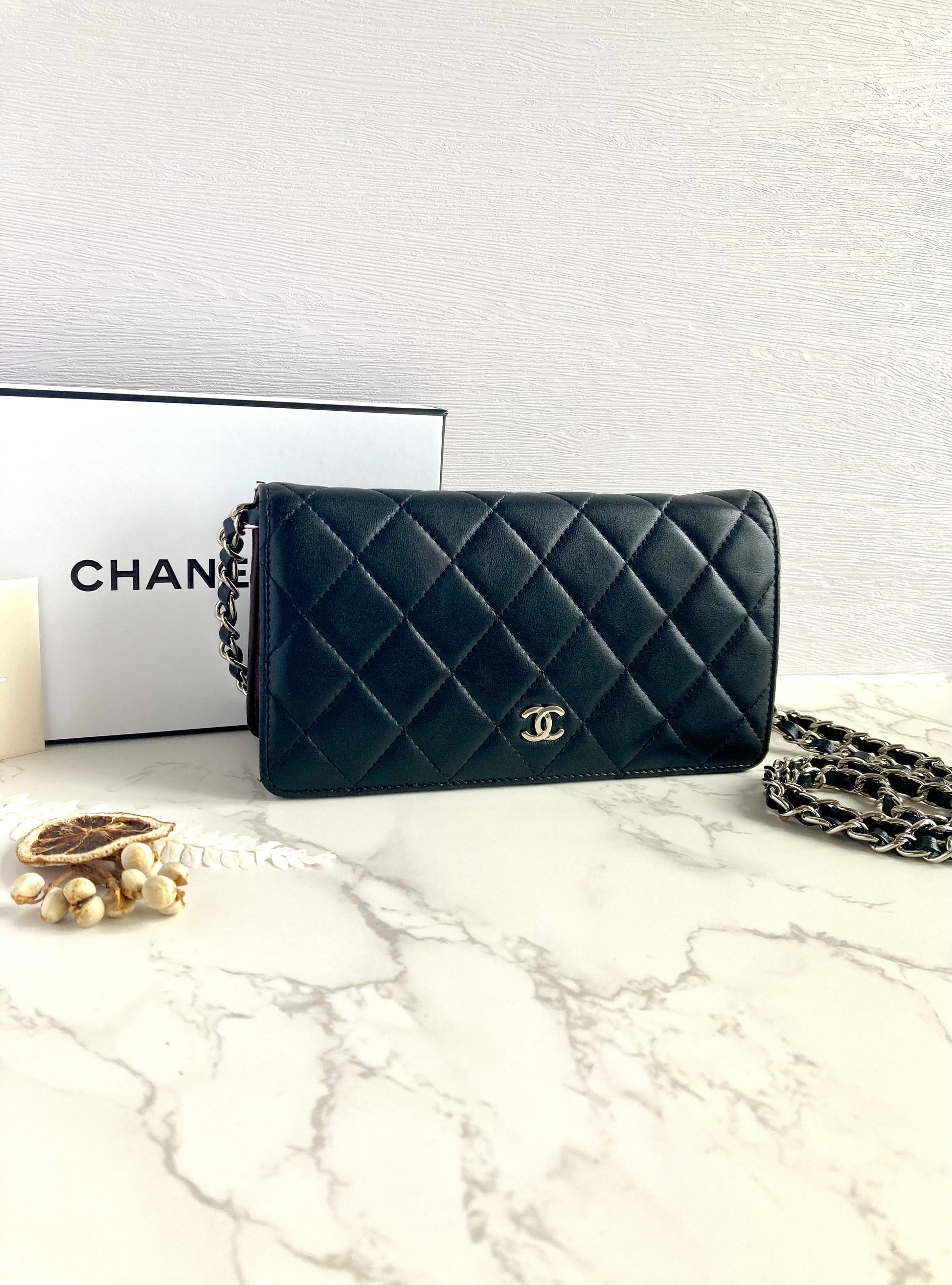 CHANEL Classic Lamb Skin Flap Wallet / Wallet-on-chain WOC – Silver CC Logo (With Add-on Chain)