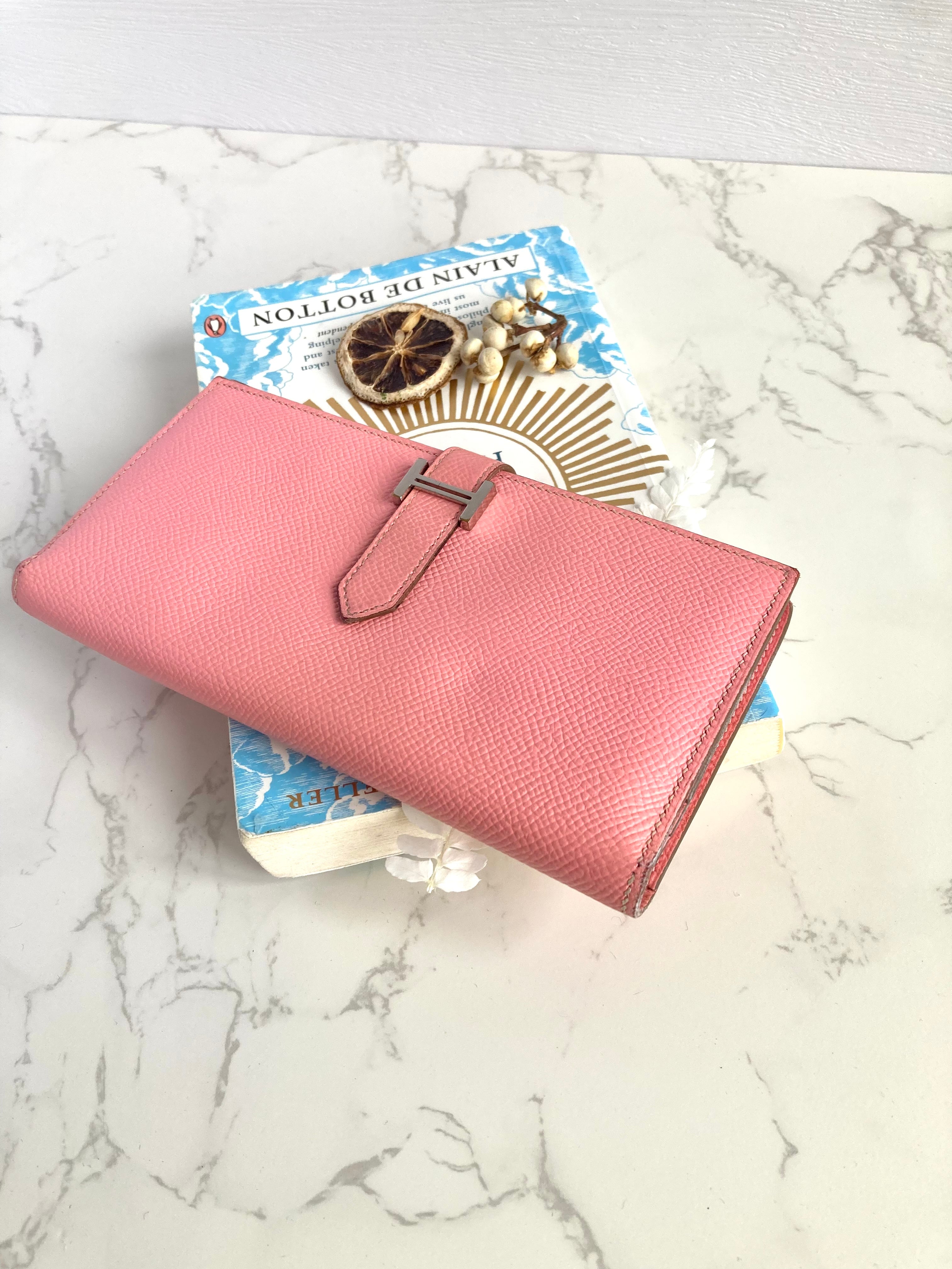 HERMES pink leather silver buckle Bearn long clip / wallet / purse