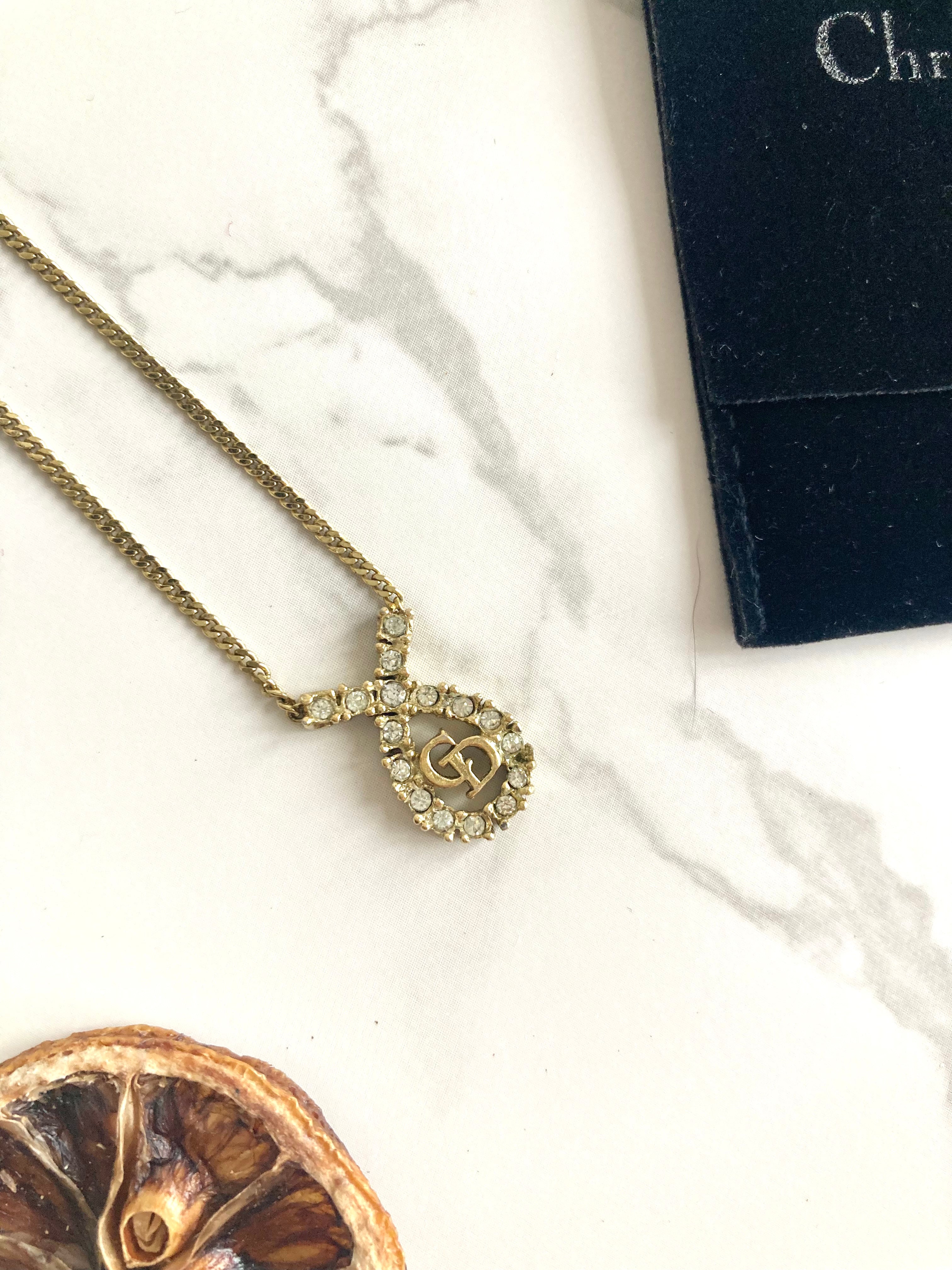 CHRISTIAN DIOR Logo Rhinestone Necklace 
