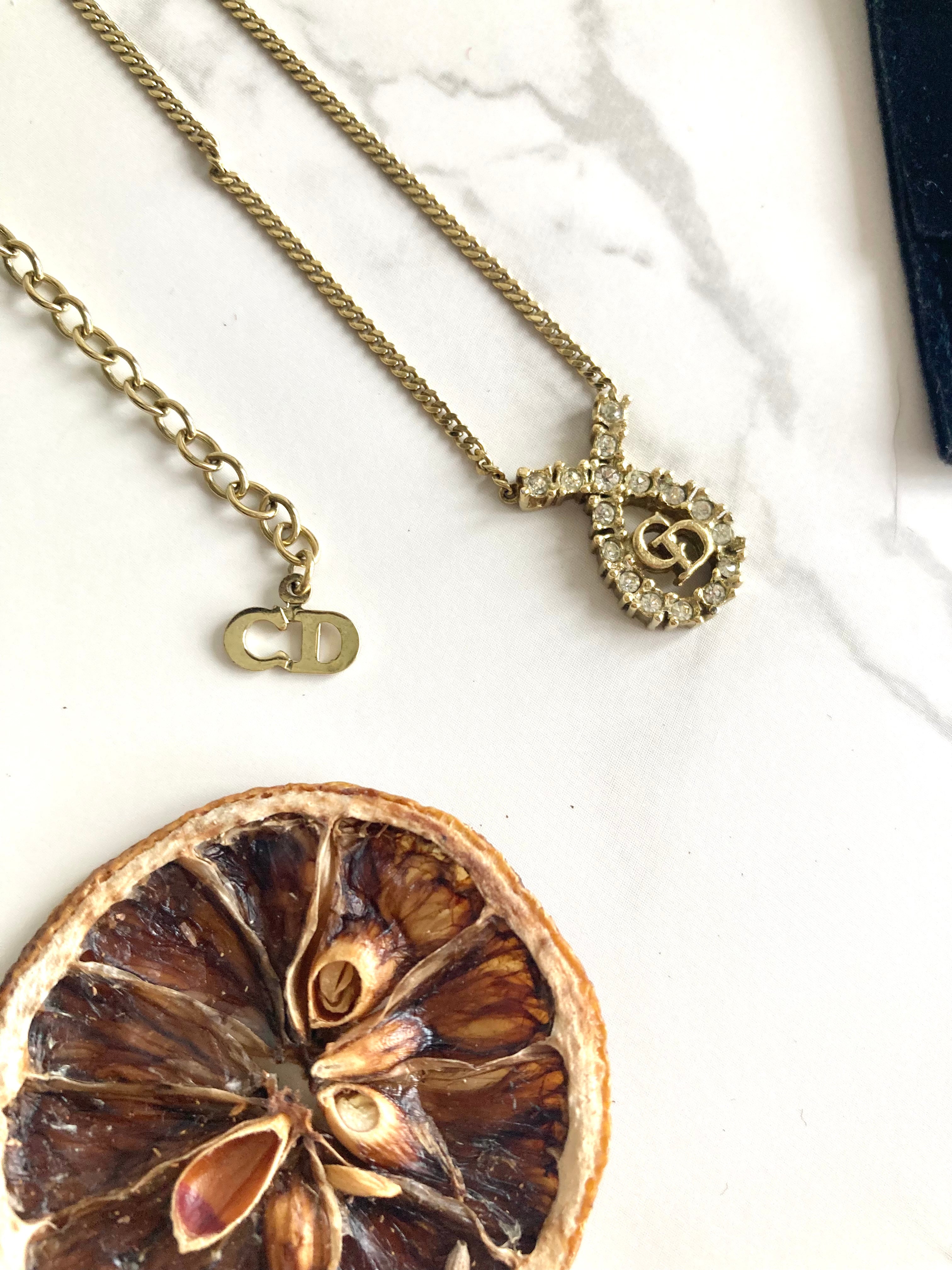 CHRISTIAN DIOR Logo Rhinestone Necklace 