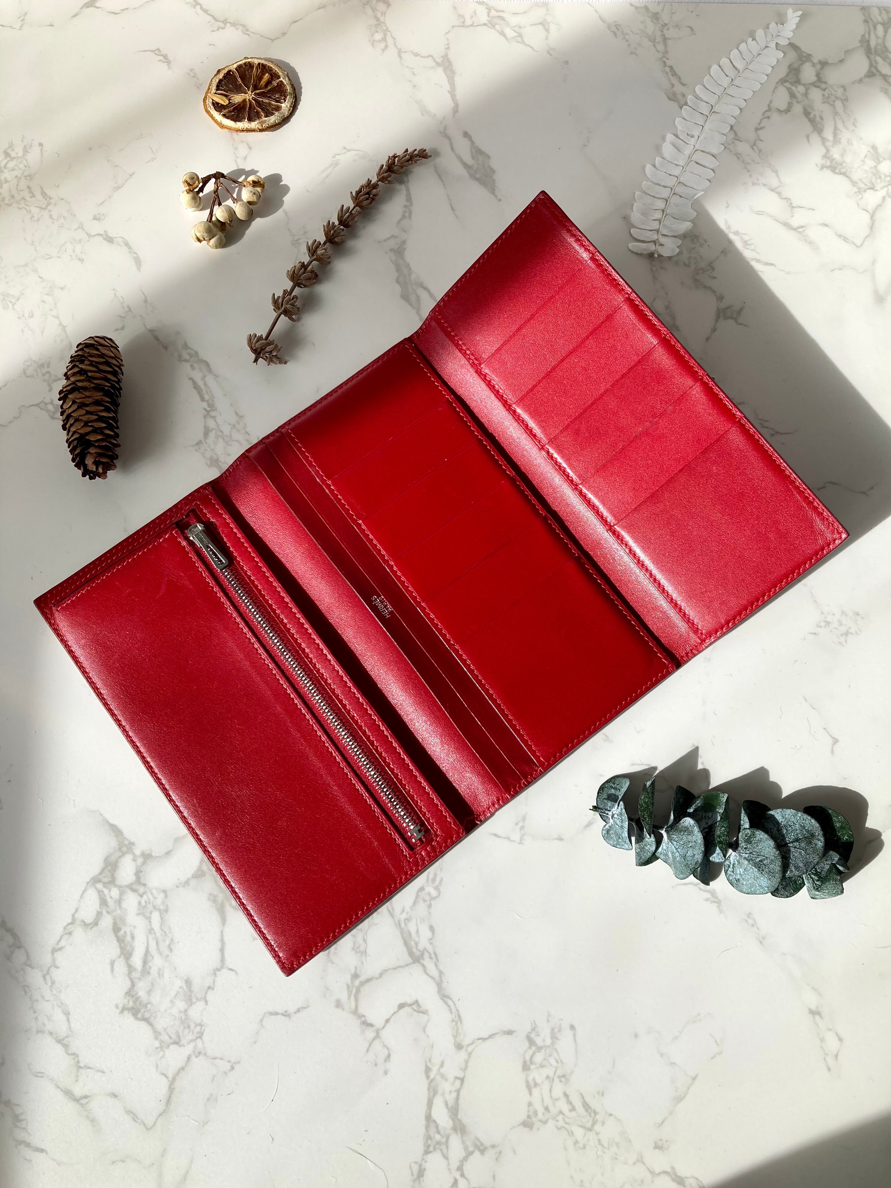 HERMES Red Bearn Bi-fold Long Wallet 