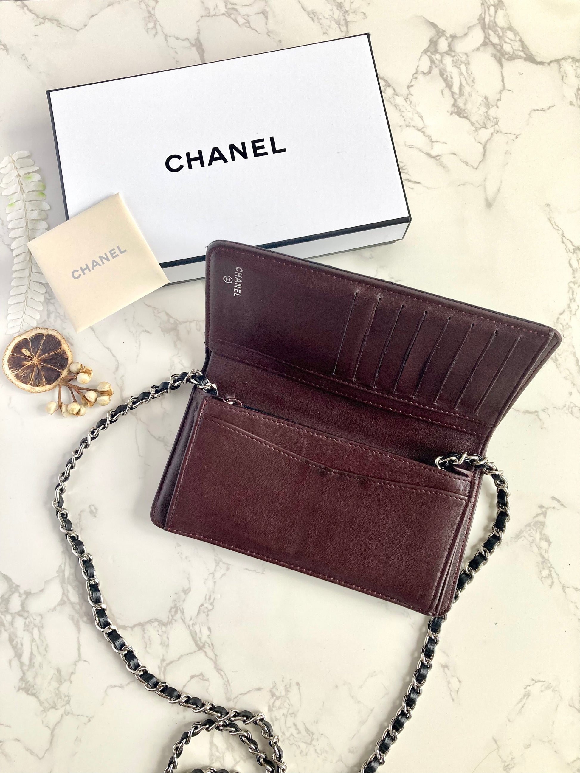 CHANEL Classic Lamb Skin Flap Wallet / Wallet-on-chain WOC – Silver CC Logo (With Add-on Chain)