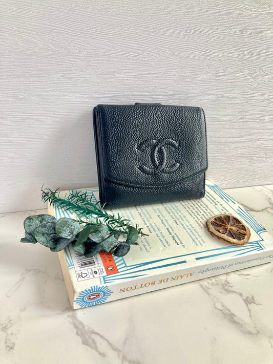 CHANEL Black Caviar Leather Compact Wallet