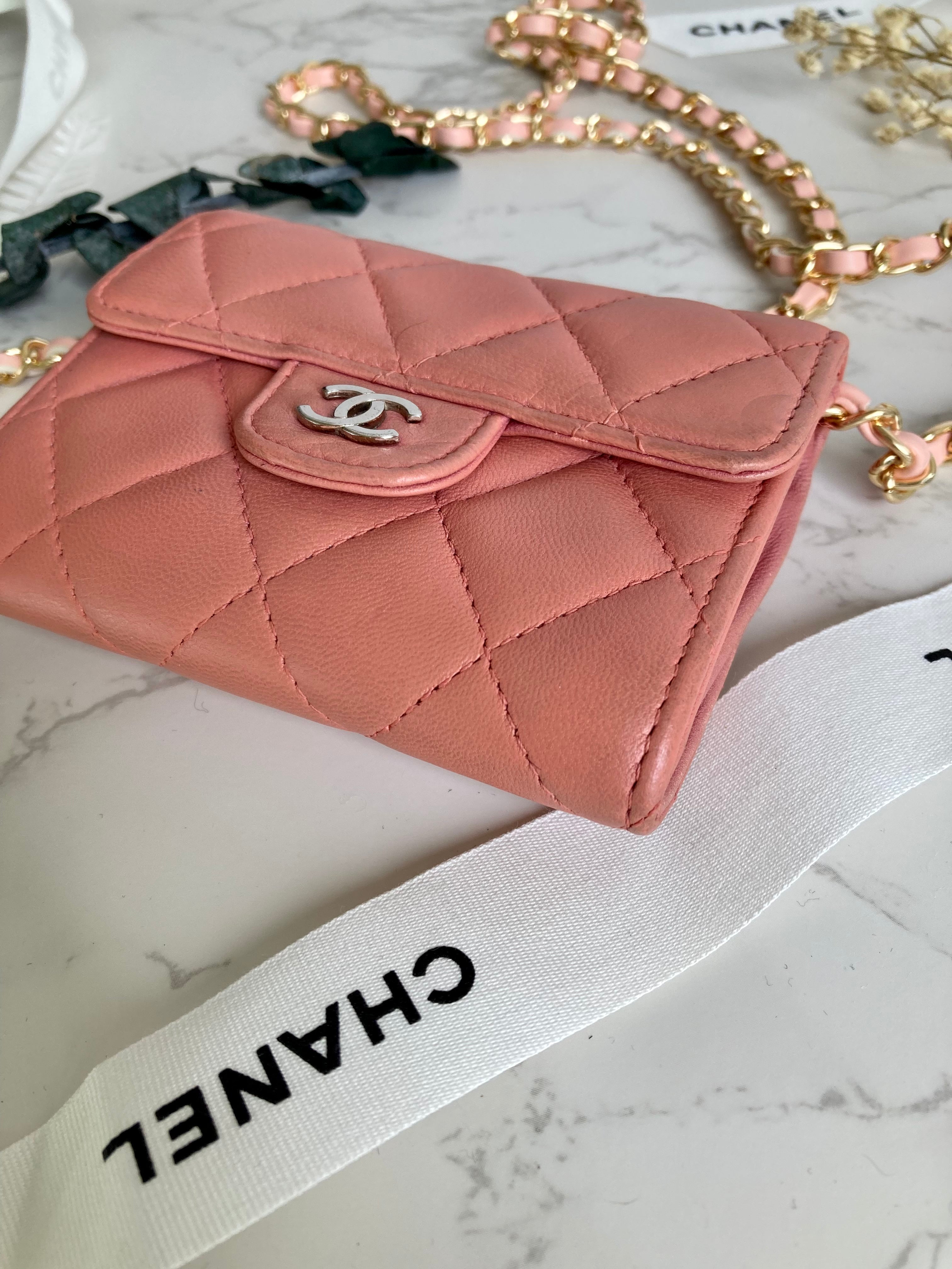 CHANEL Pink XL Card Holder Wallet (with add-on Chain) 