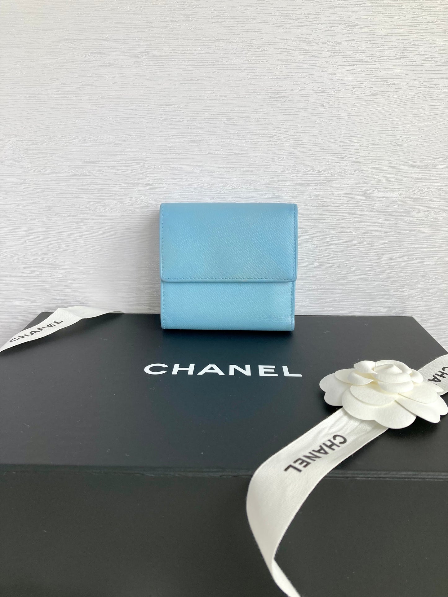 CHANEL Baby Blue Calf Skin Compact Wallet