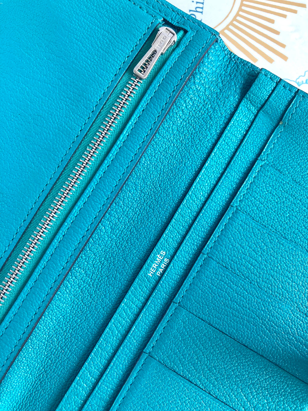 HERMES 7F Bleu Paon Bearn Bi-fold Long Wallet