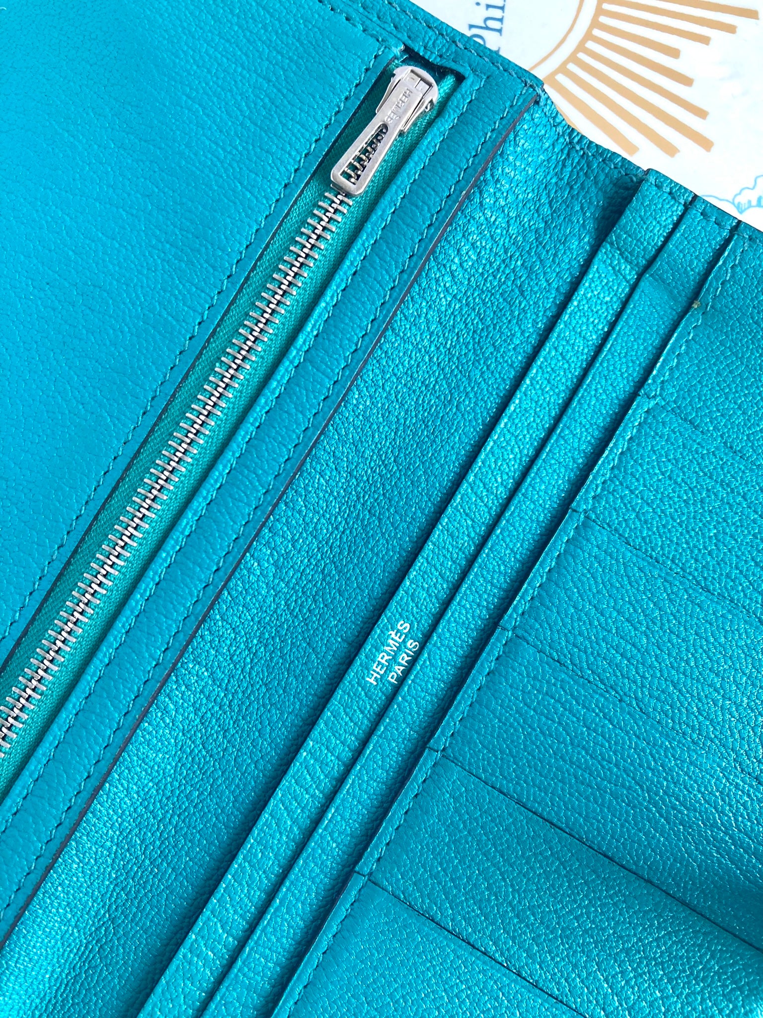 HERMES 7F Bleu Paon Bearn Bi-fold Long Wallet 