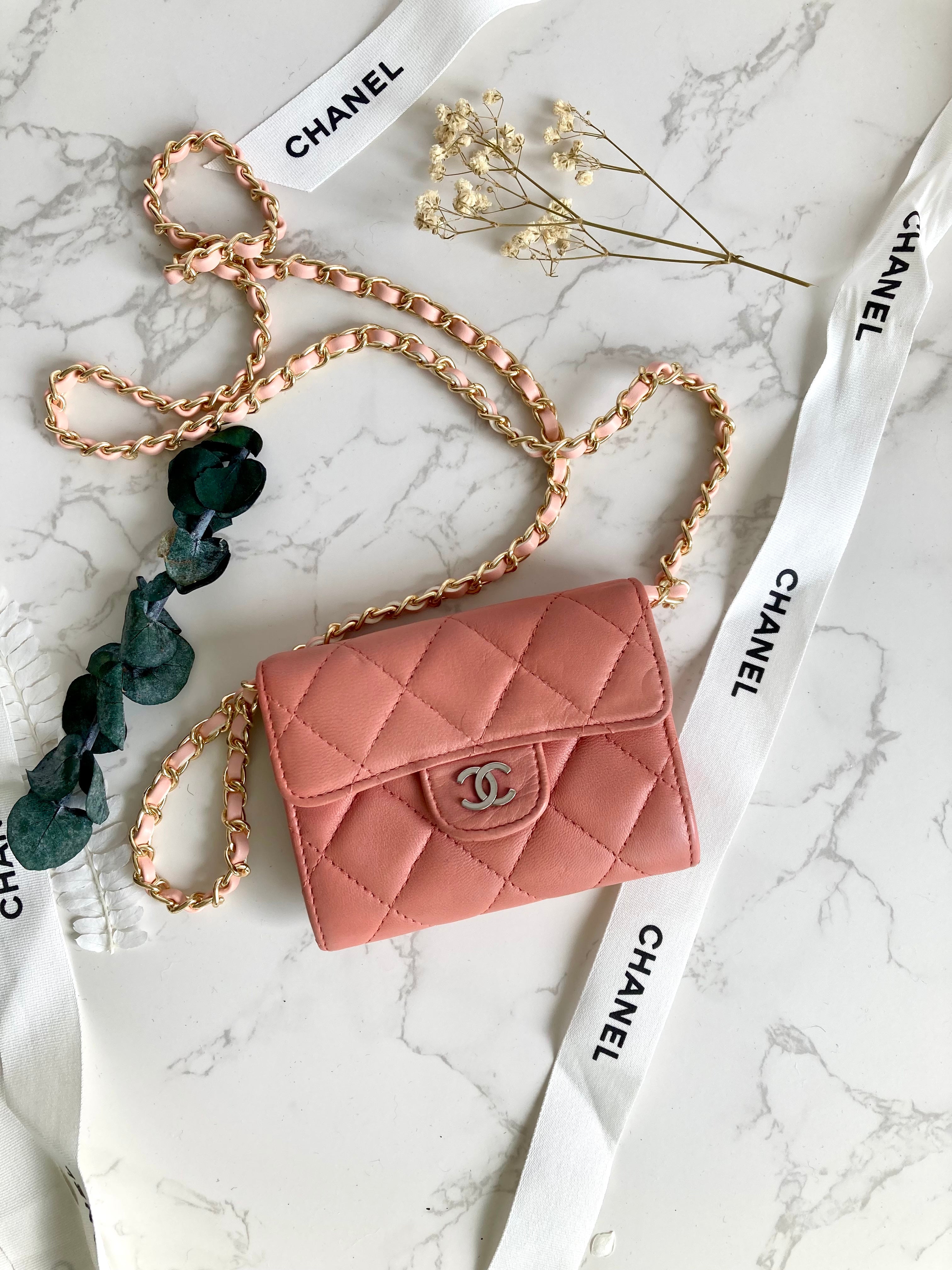 CHANEL Pink XL Card Holder Wallet (with add-on Chain) 