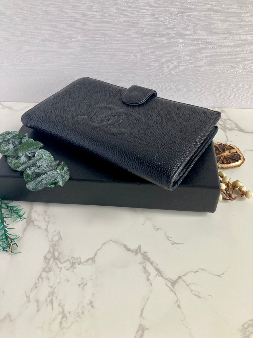 CHANEL Black Caviar Leather Long Wallet with Gold Hardware
