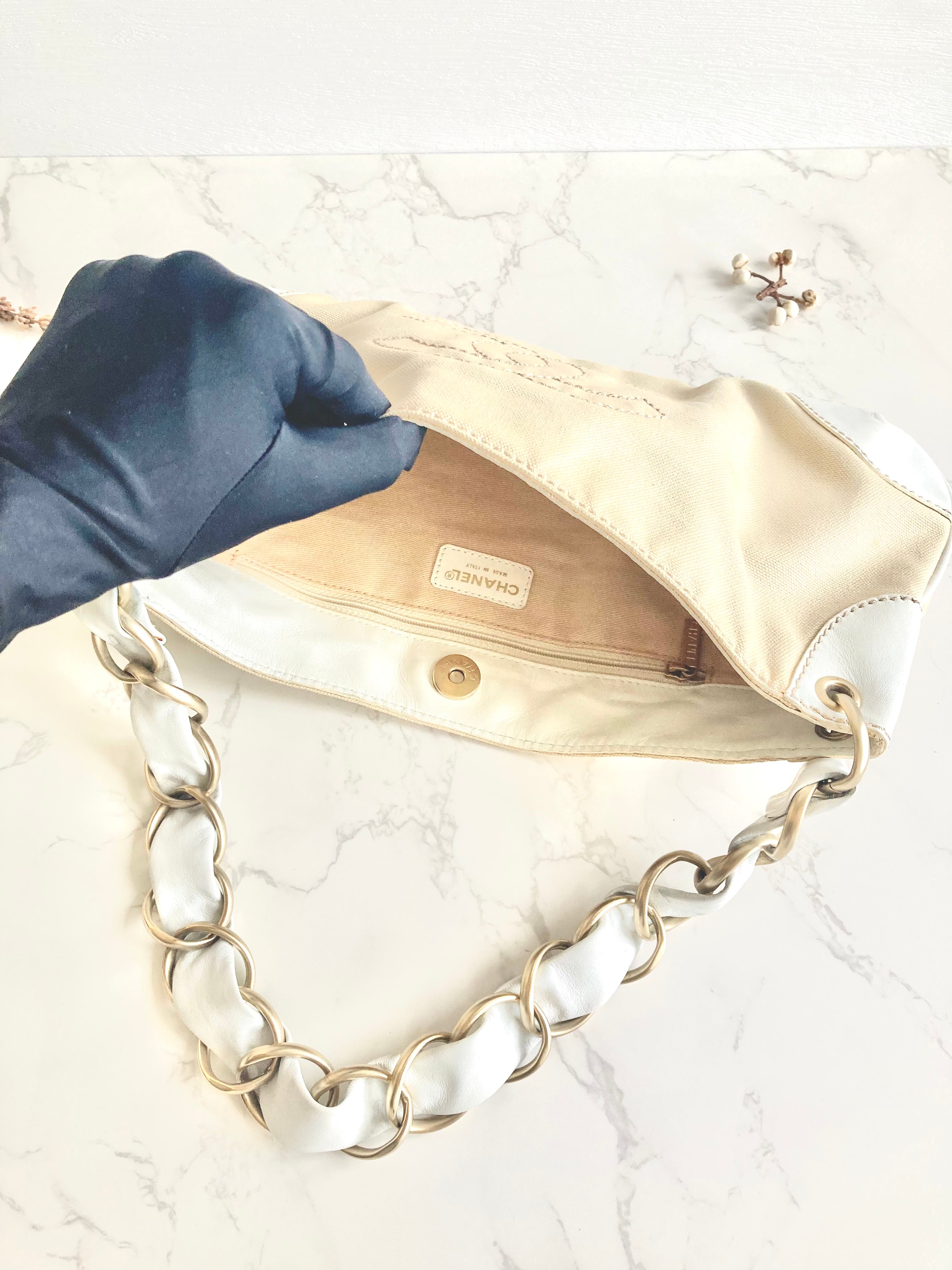 CHANEL White x Beige Chain Shoulder Bag 