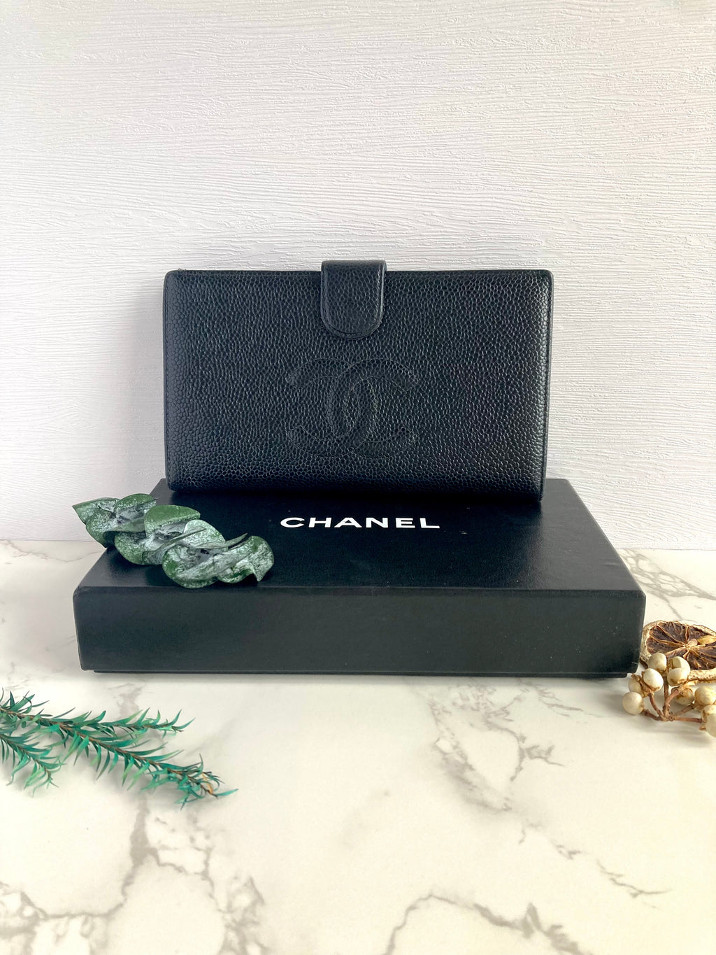 CHANEL Black Caviar Leather Long Wallet with Gold Hardware