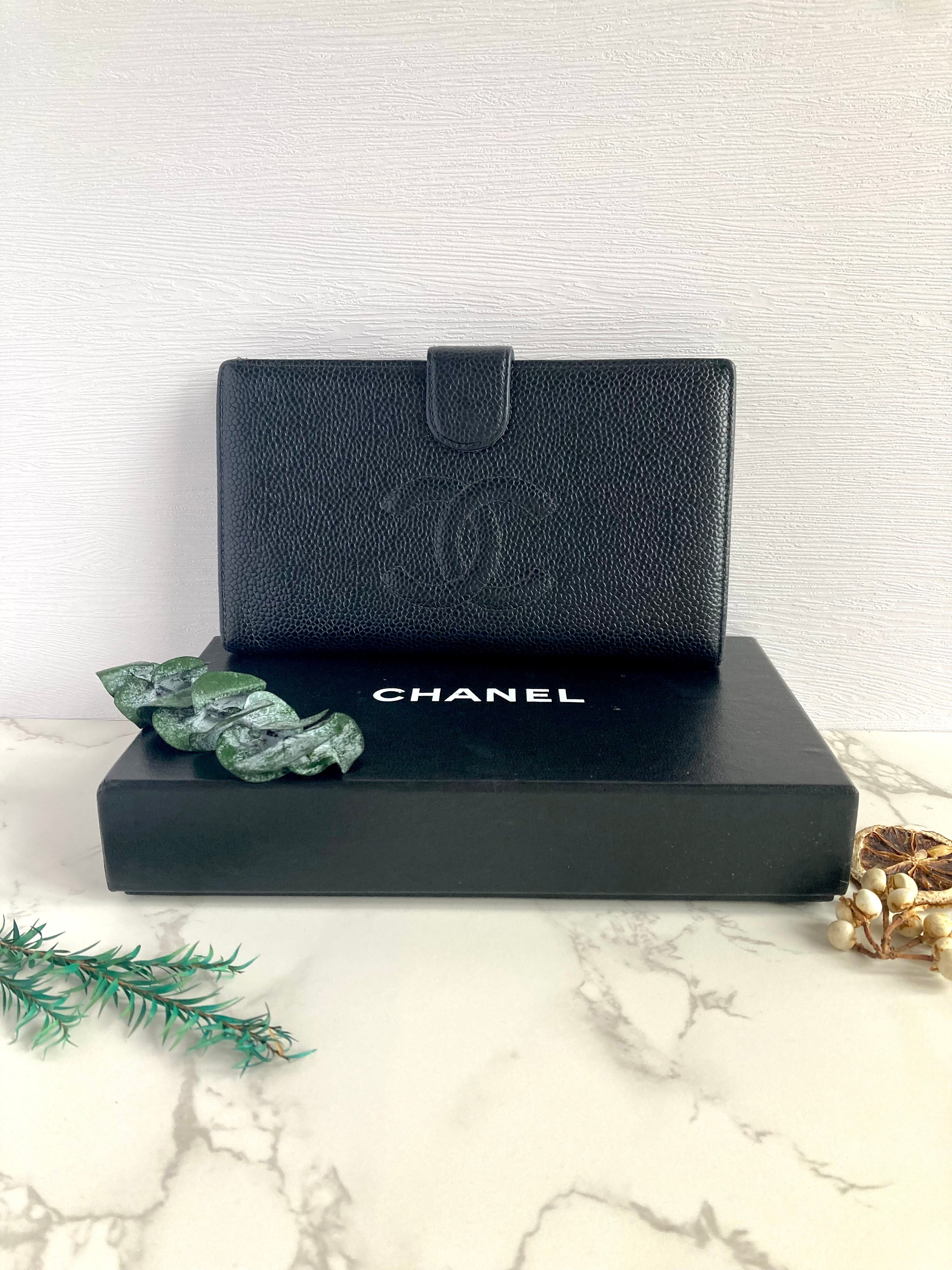 CHANEL Black Caviar Leather Long Wallet with Gold Hardware 