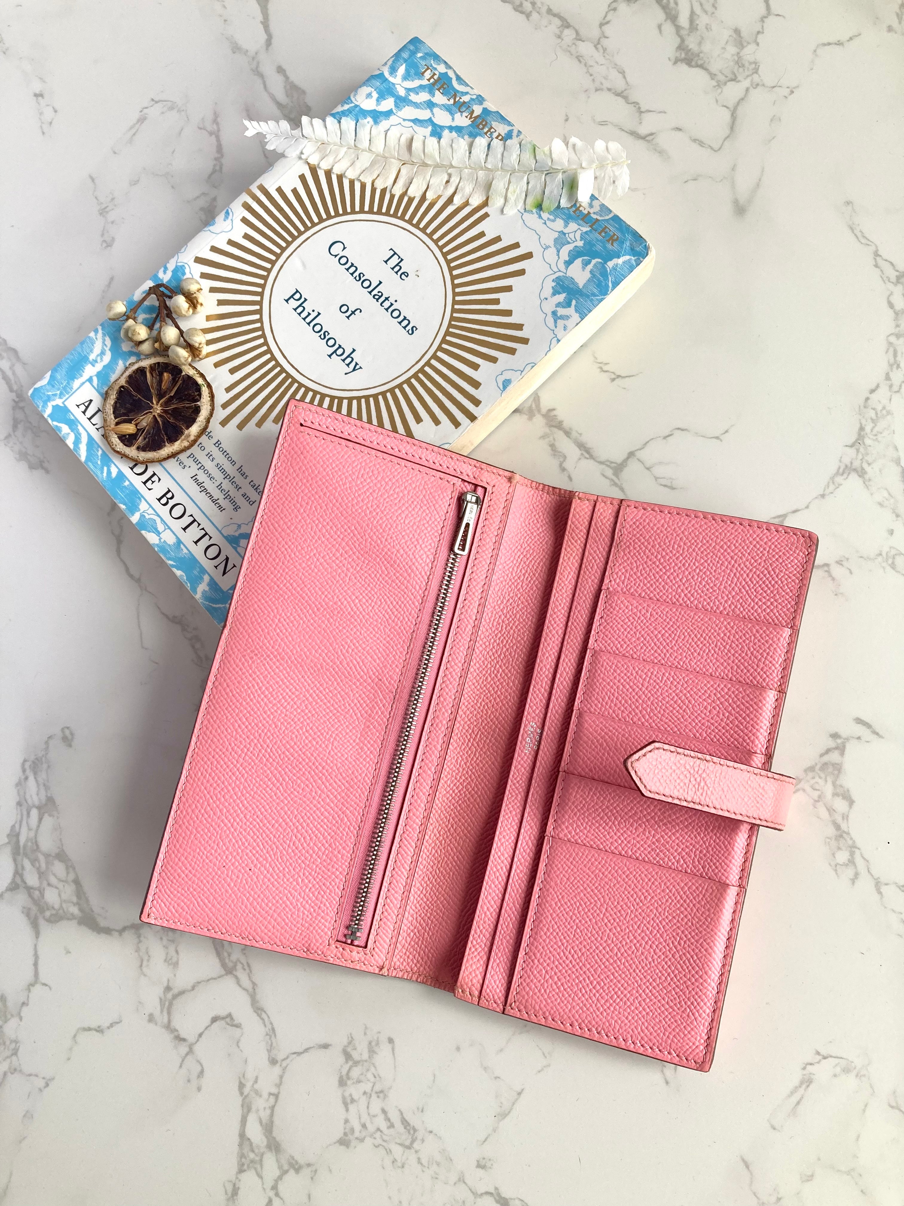 HERMES pink leather silver buckle Bearn long clip / wallet / purse