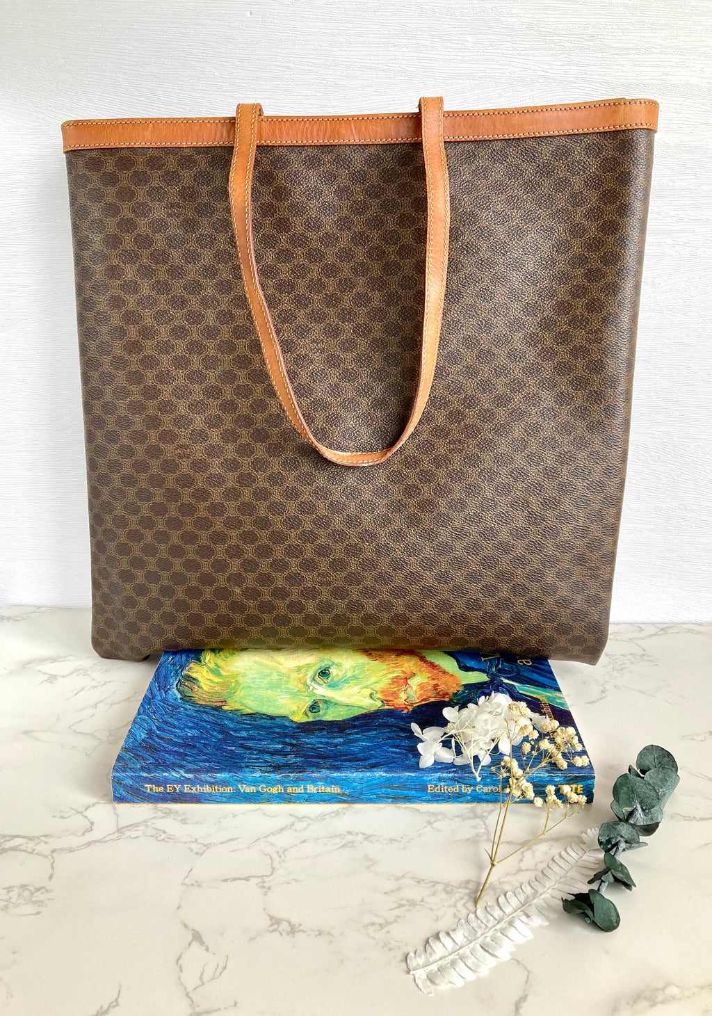 CELINE Brown Monogram Large Capacity Leather Tote Bag / Side Bag