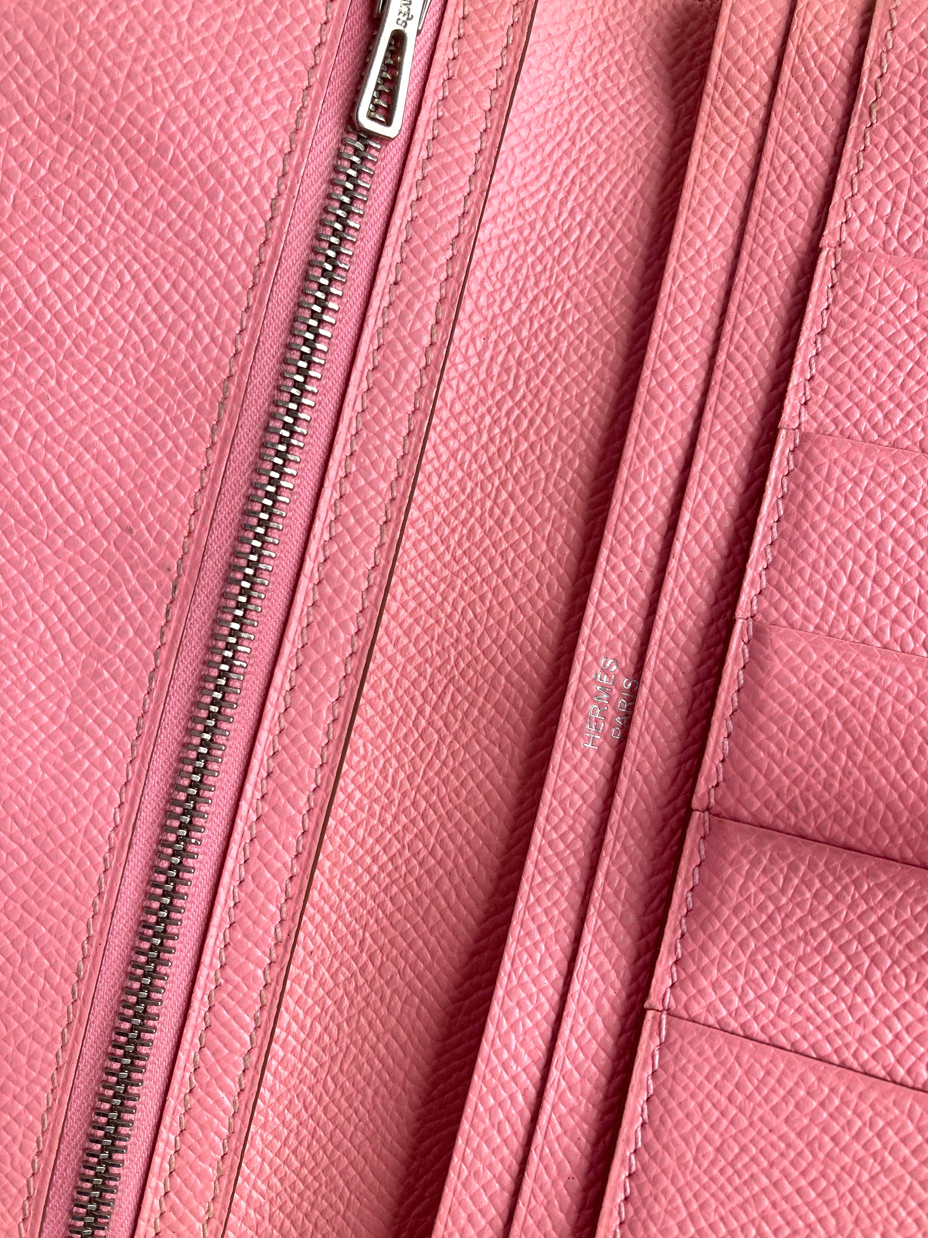 HERMES pink leather silver buckle Bearn long clip / wallet / purse