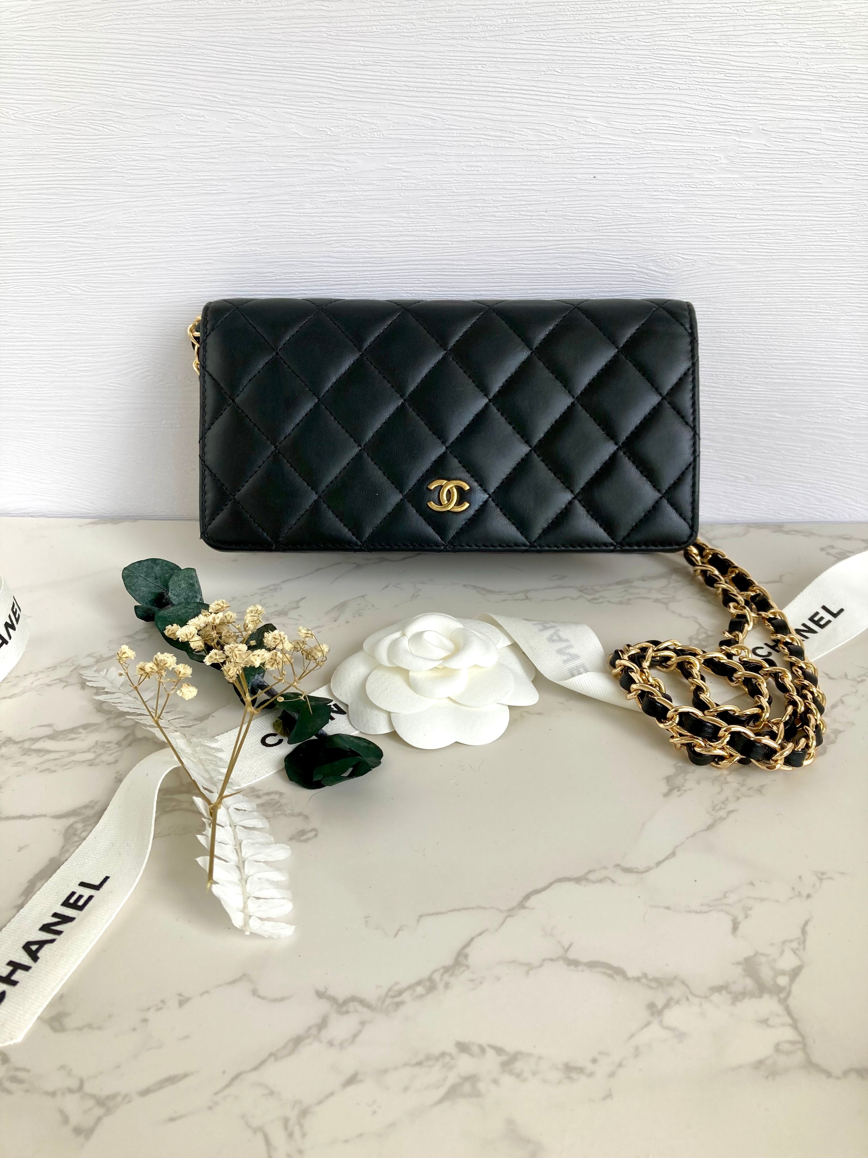 CHANEL Classic Lamb Skin Flap Wallet – Gold CC Logo (With Add-on Chain) 