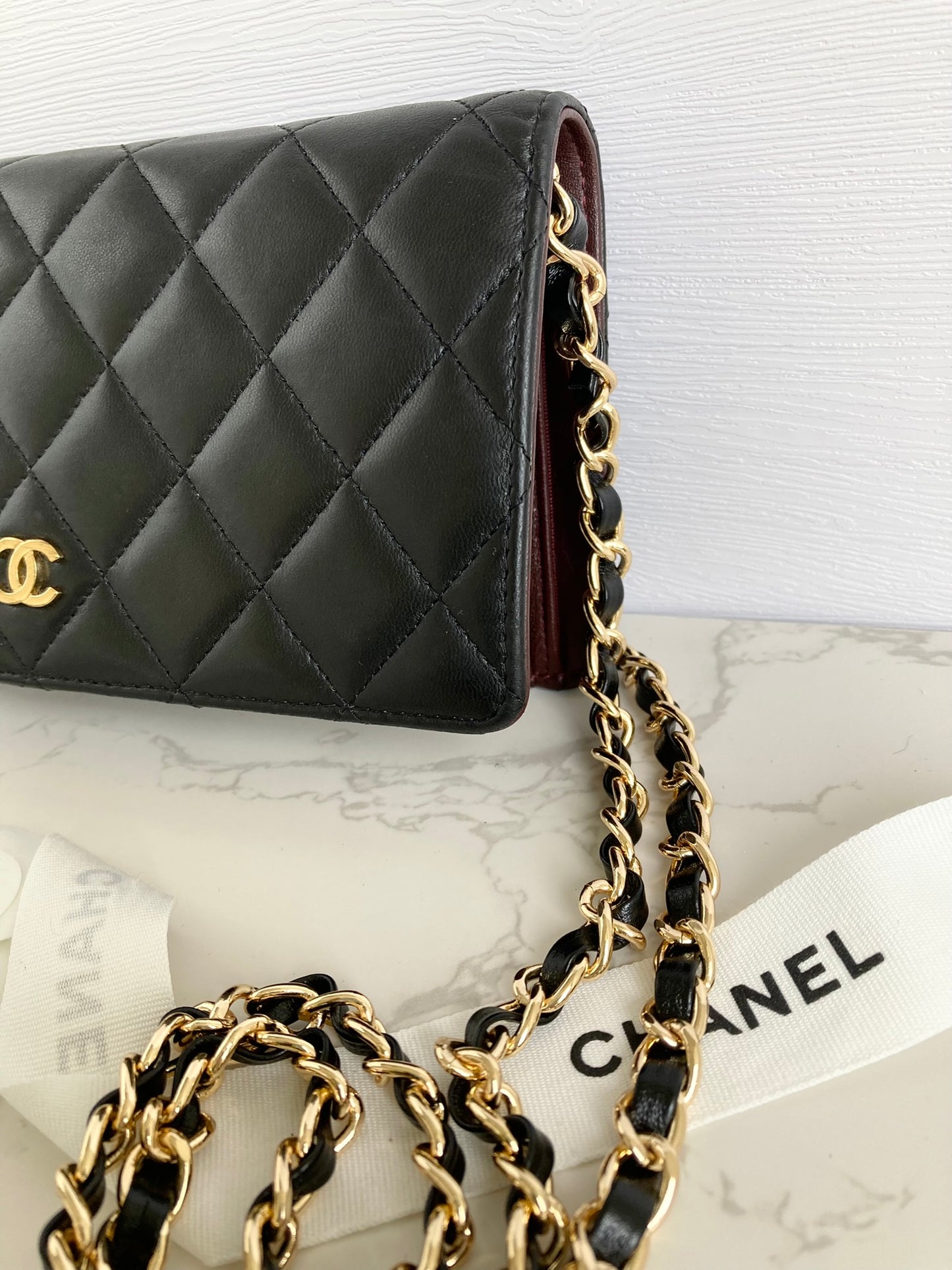 CHANEL Classic Lamb Skin Flap Wallet – Gold CC Logo (With Add-on Chain)