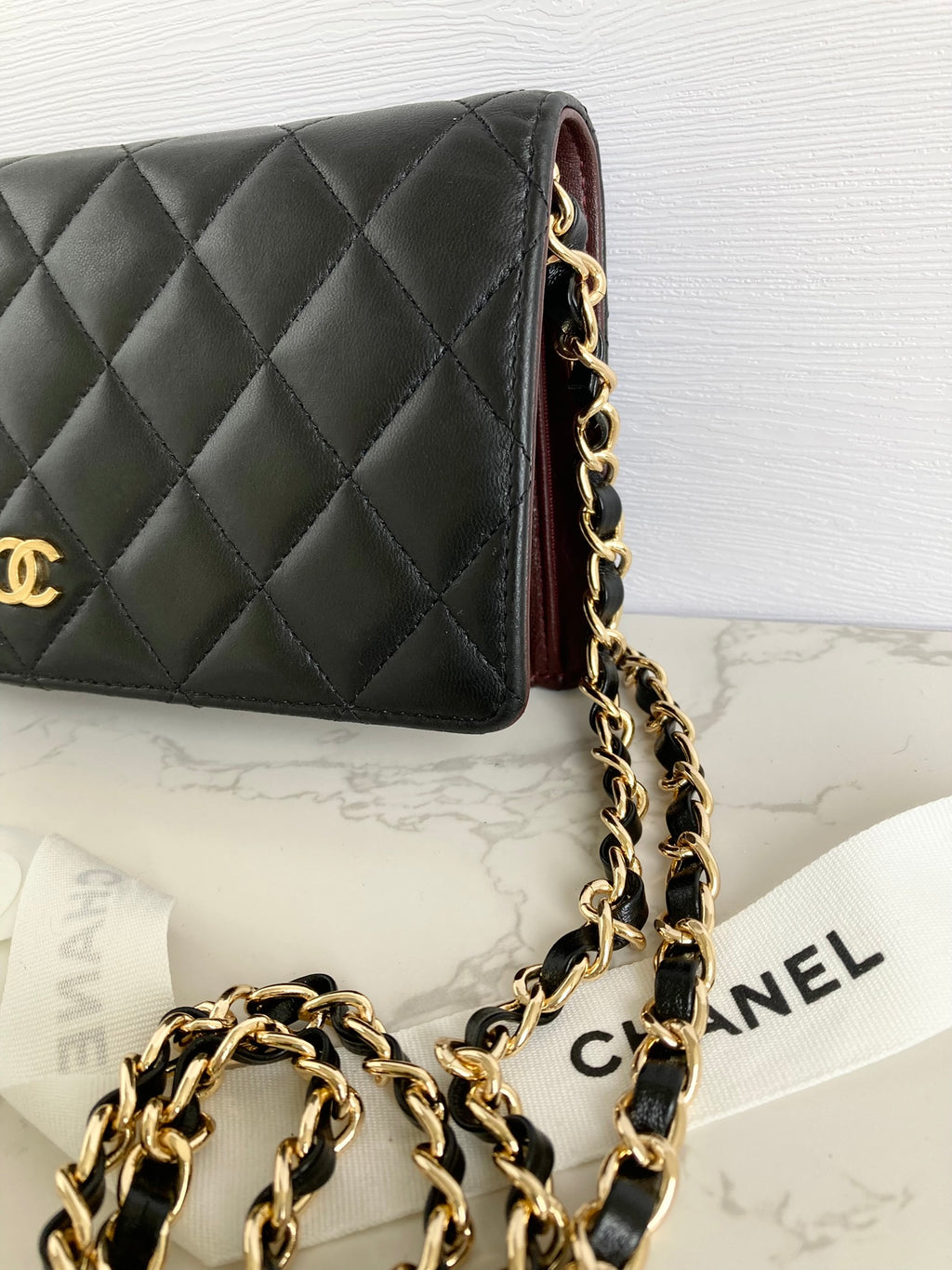 CHANEL Classic Lamb Skin Flap Wallet – Gold CC Logo (With Add-on Chain) 