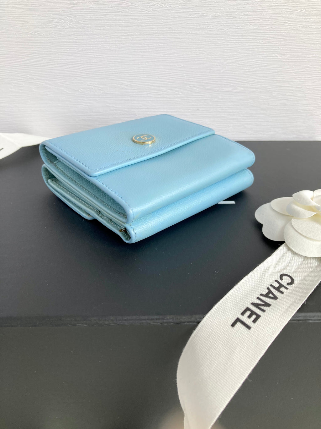 CHANEL Baby Blue Calf Skin Compact Wallet