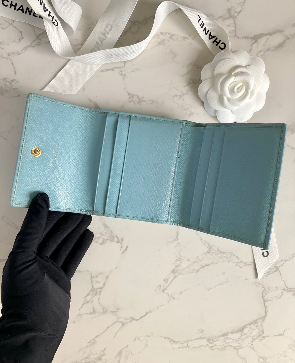 CHANEL Baby Blue Calf Skin Compact Wallet