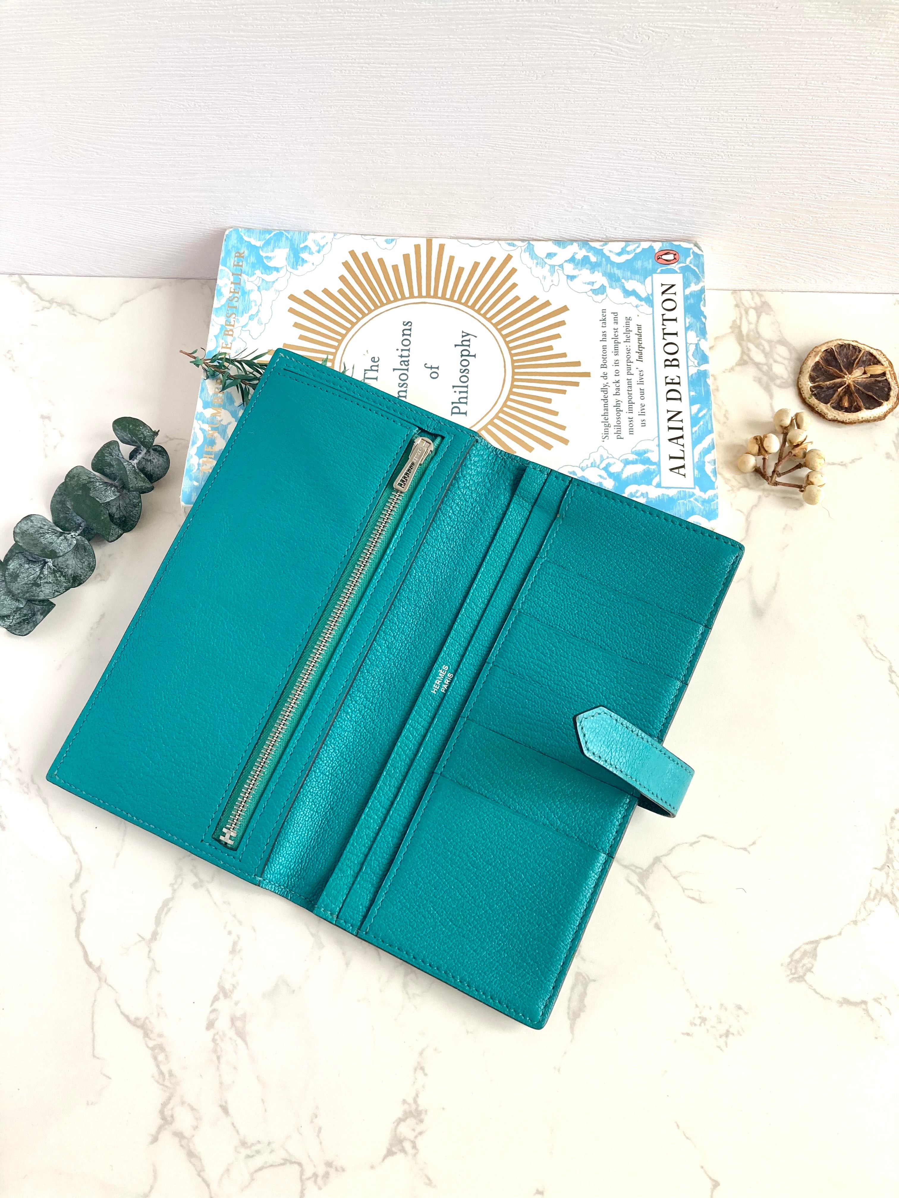 HERMES 7F Bleu Paon Bearn Bi-fold Long Wallet 