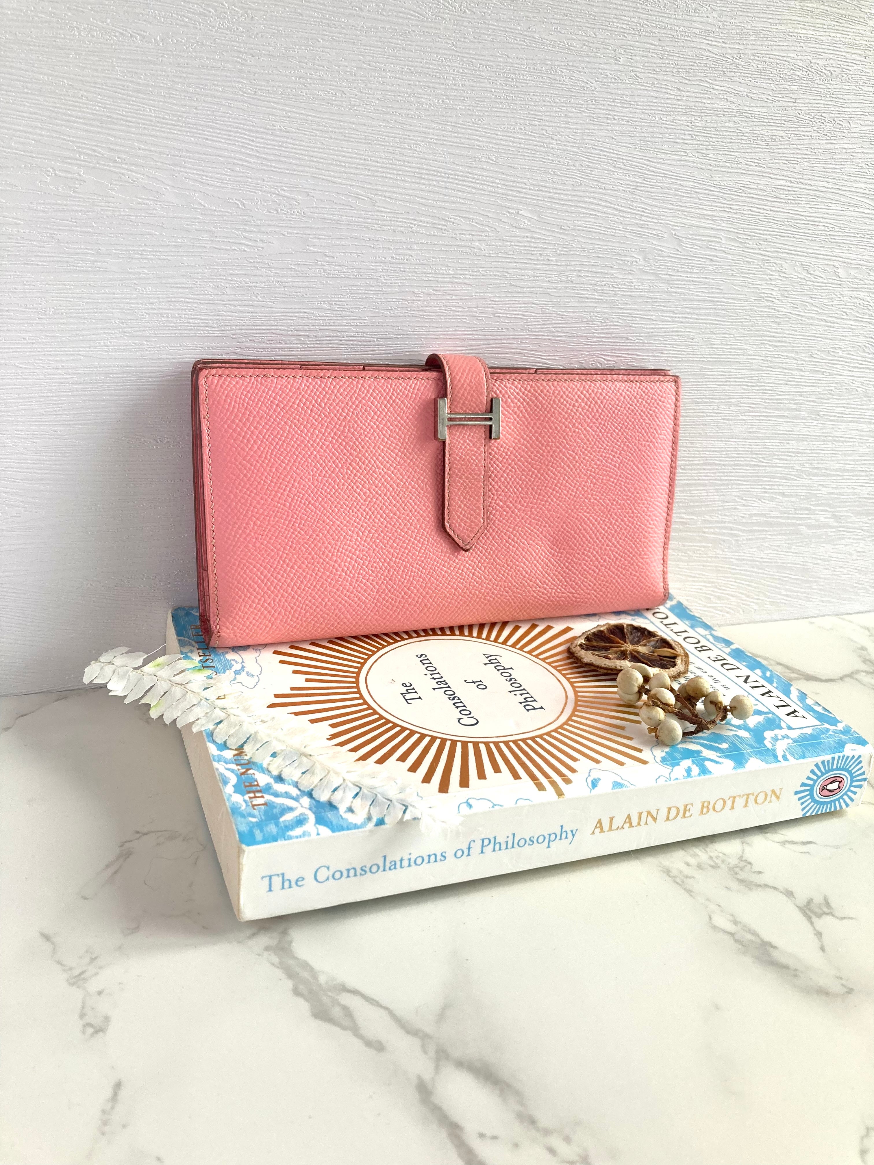 HERMES pink leather silver buckle Bearn long clip / wallet / purse