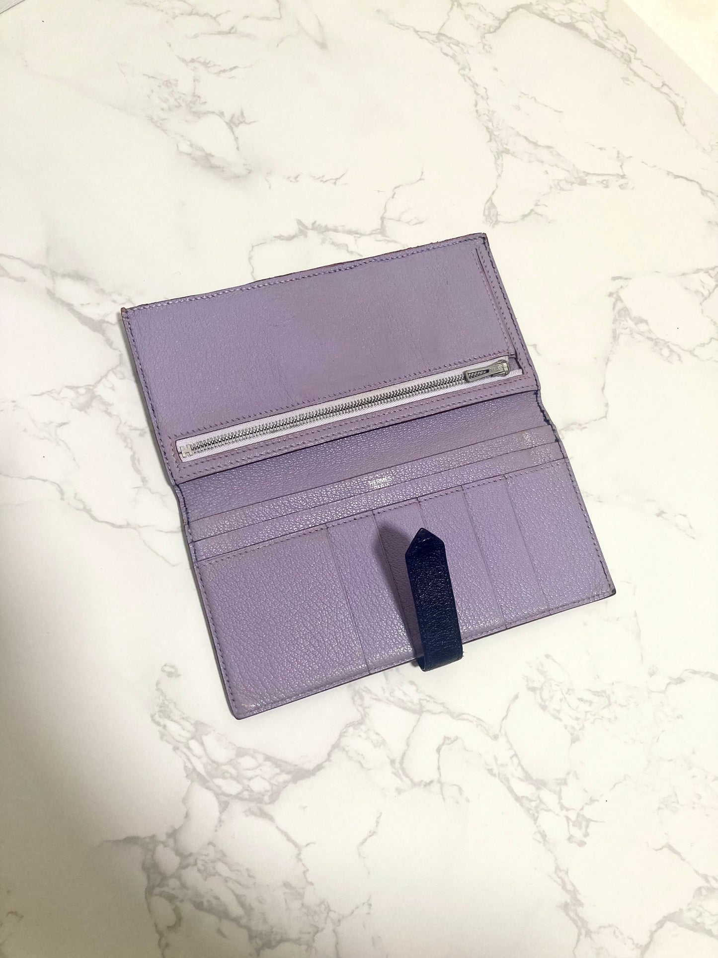HERMES Black x Silver with Purple Interior Bi-fold Bearn Wallet
