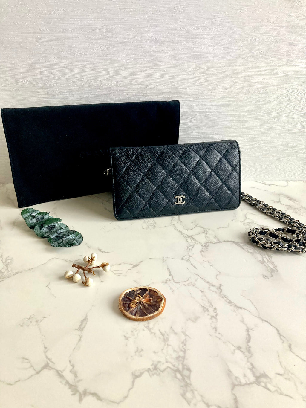 CHANEL Caviar Leather Long Flap Wallet (with Add-on Chain) 