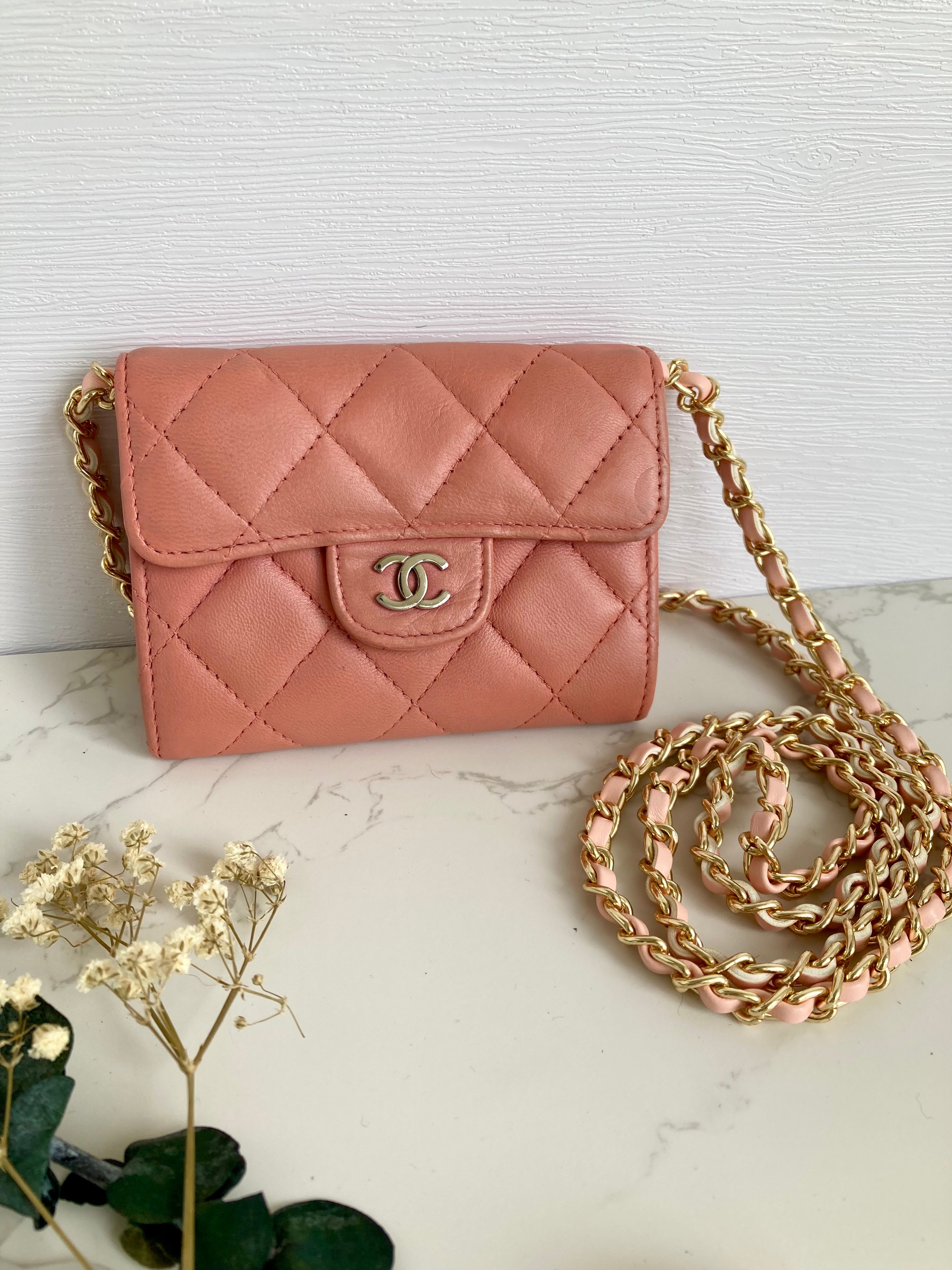 CHANEL Pink XL Card Holder Wallet (with add-on Chain) 