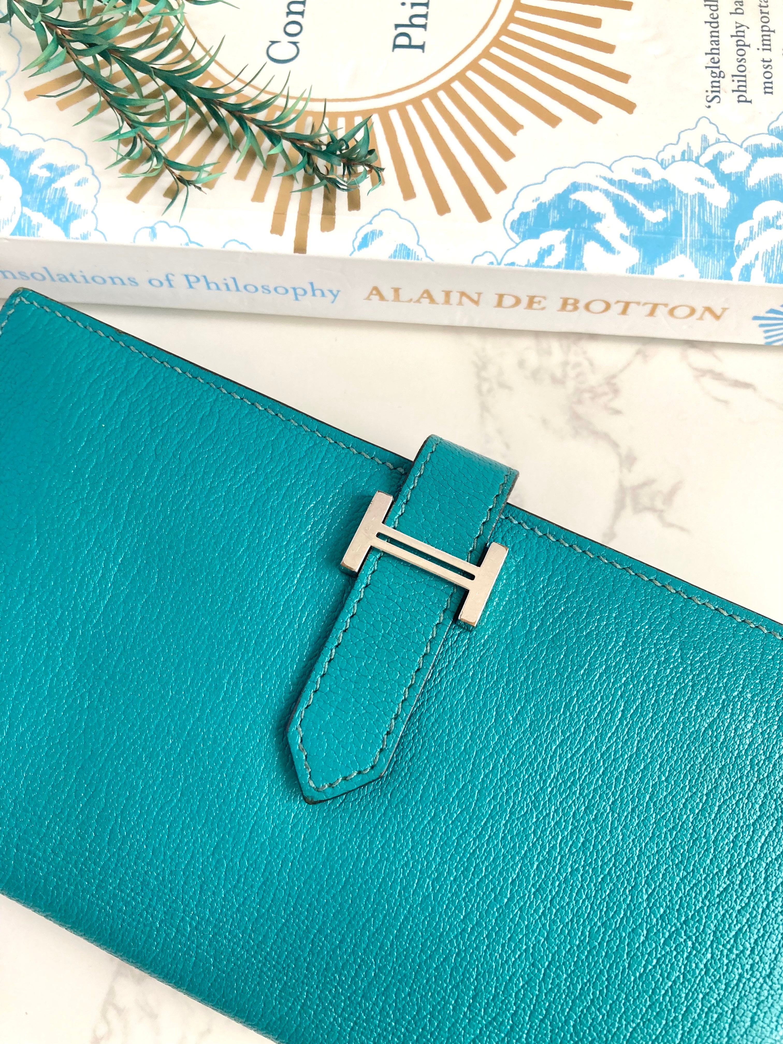 HERMES 7F Bleu Paon Bearn Bi-fold Long Wallet 