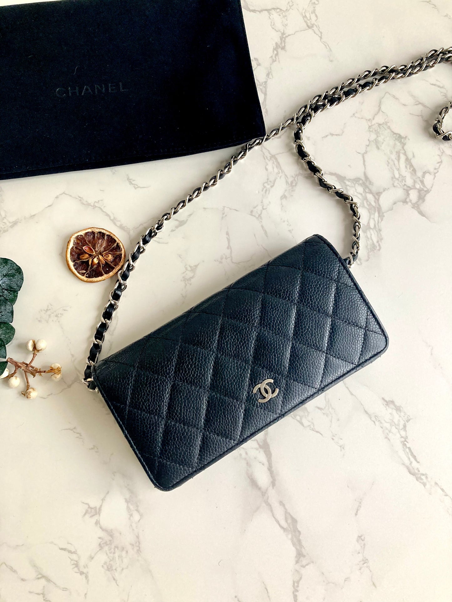 CHANEL Caviar Leather Long Flap Wallet (with Add-on Chain)
