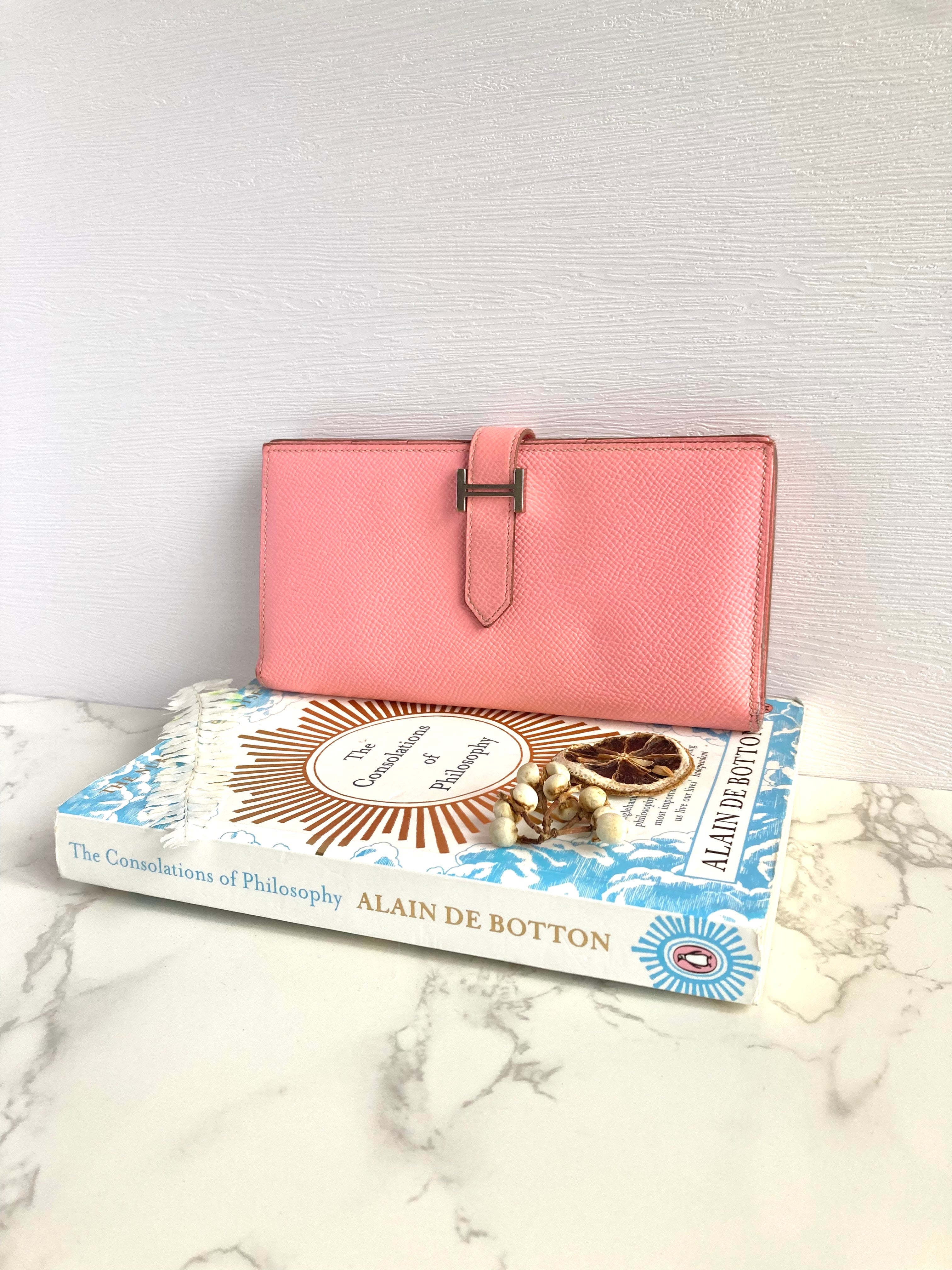 HERMES pink leather silver buckle Bearn long clip / wallet / purse