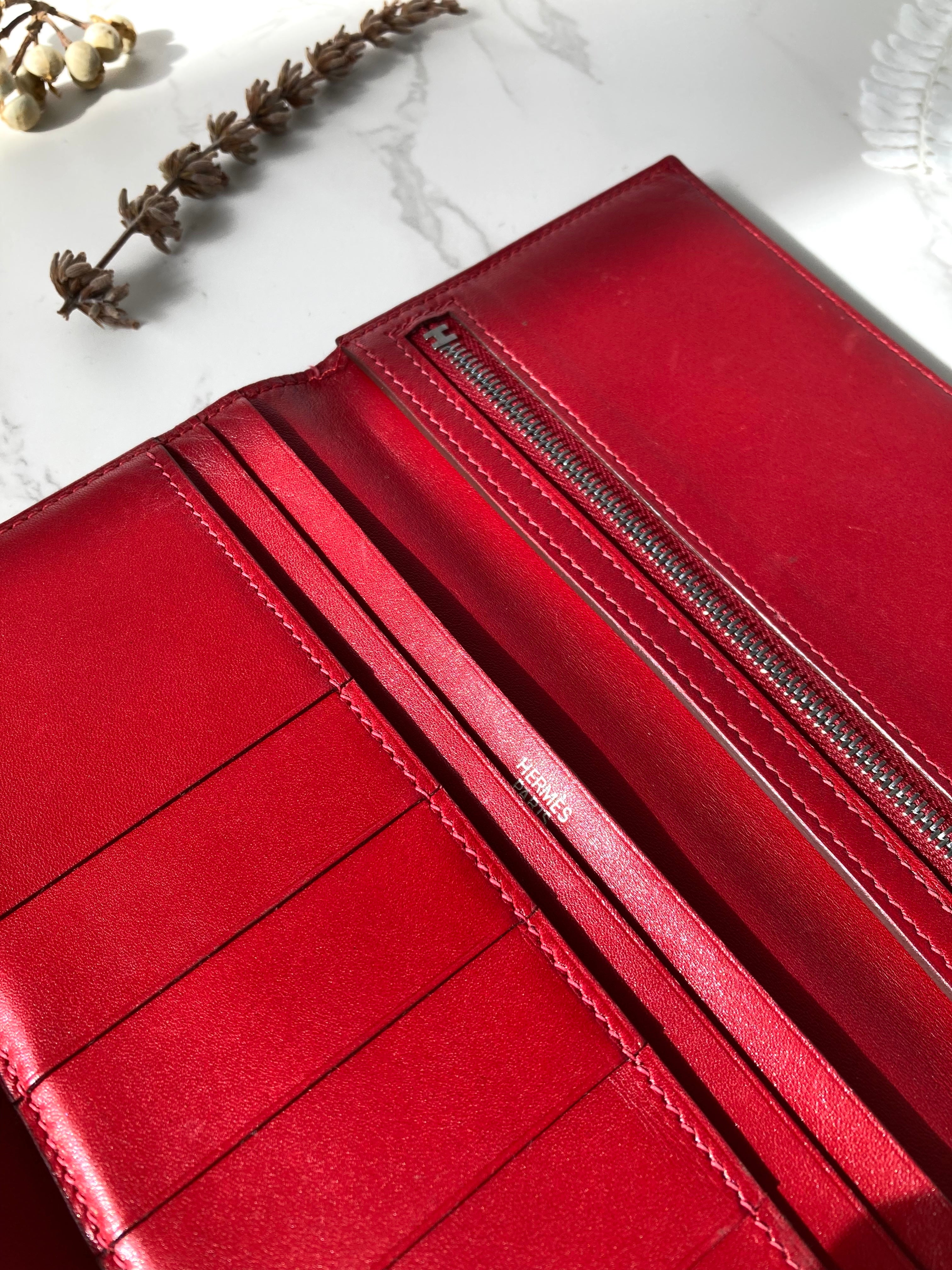 HERMES Red Bearn Bi-fold Long Wallet 
