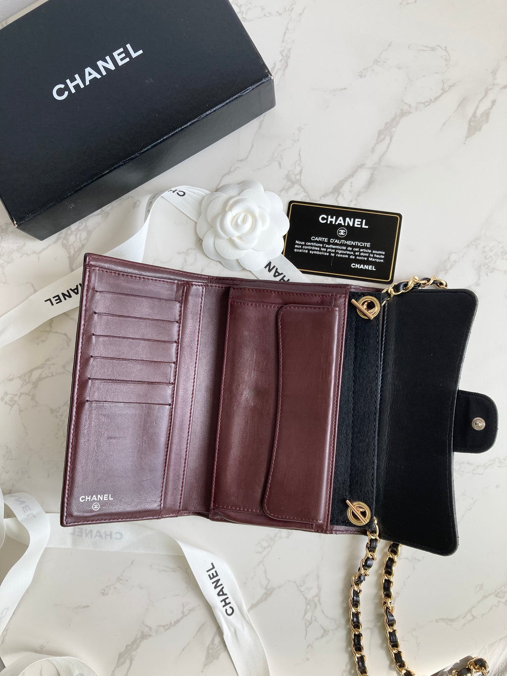 CHANEL Classic Lamb Skin Long Wallet – Silver CC Logo (With Add-on Chain) 