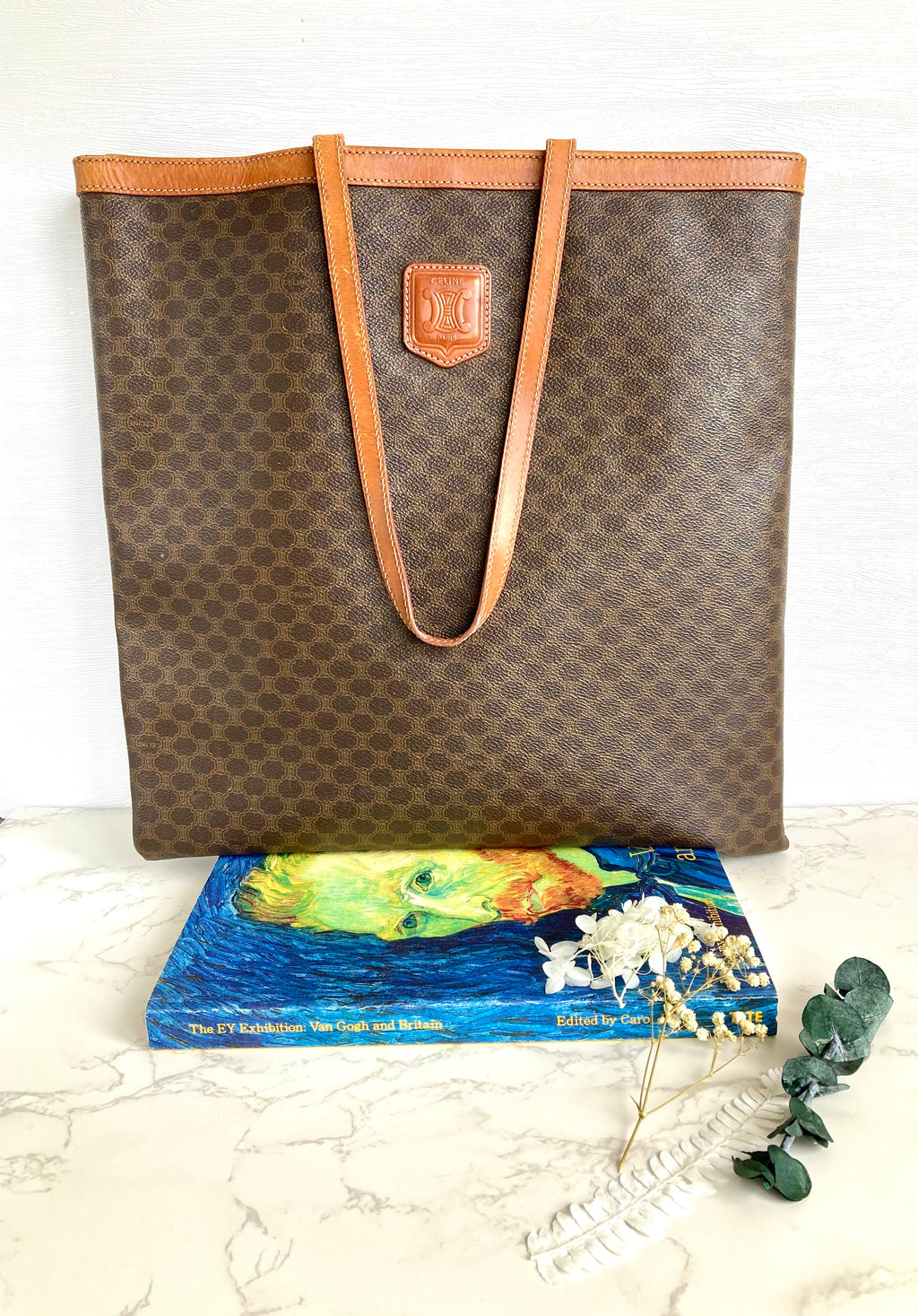 CELINE Brown Monogram Large Capacity Leather Tote Bag / Side Bag
