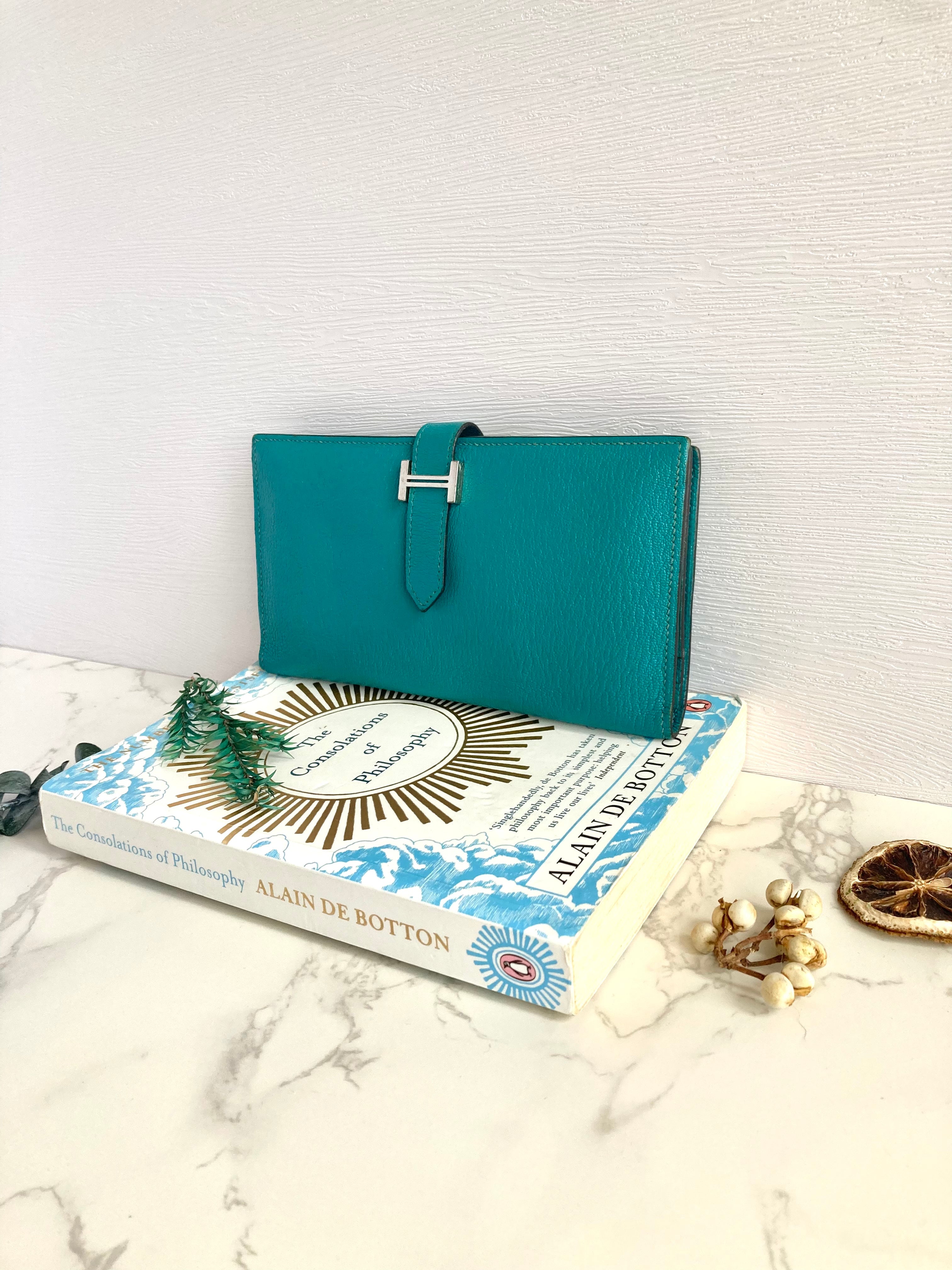 HERMES 7F Bleu Paon Bearn Bi-fold Long Wallet 