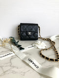 CHANEL Classic Lamb Skin Compact Wallet – Silver CC Logo (With Add-on Chain) 