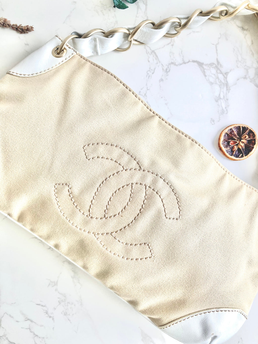 CHANEL White x Beige Chain Shoulder Bag 