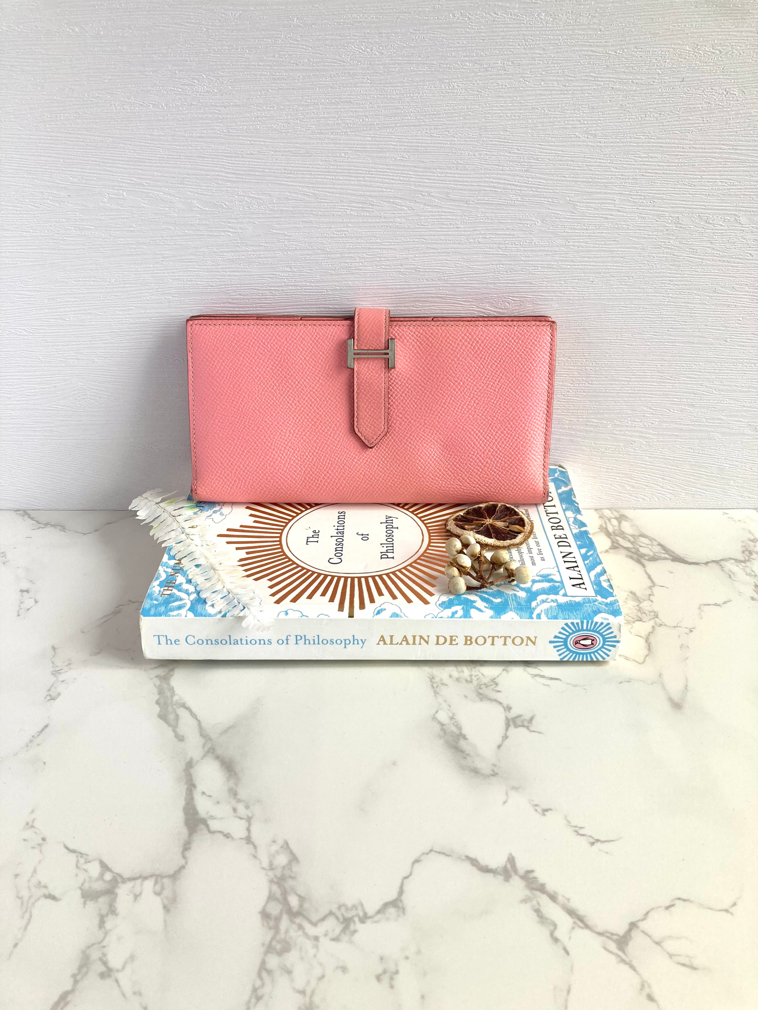 HERMES pink leather silver buckle Bearn long clip / wallet / purse