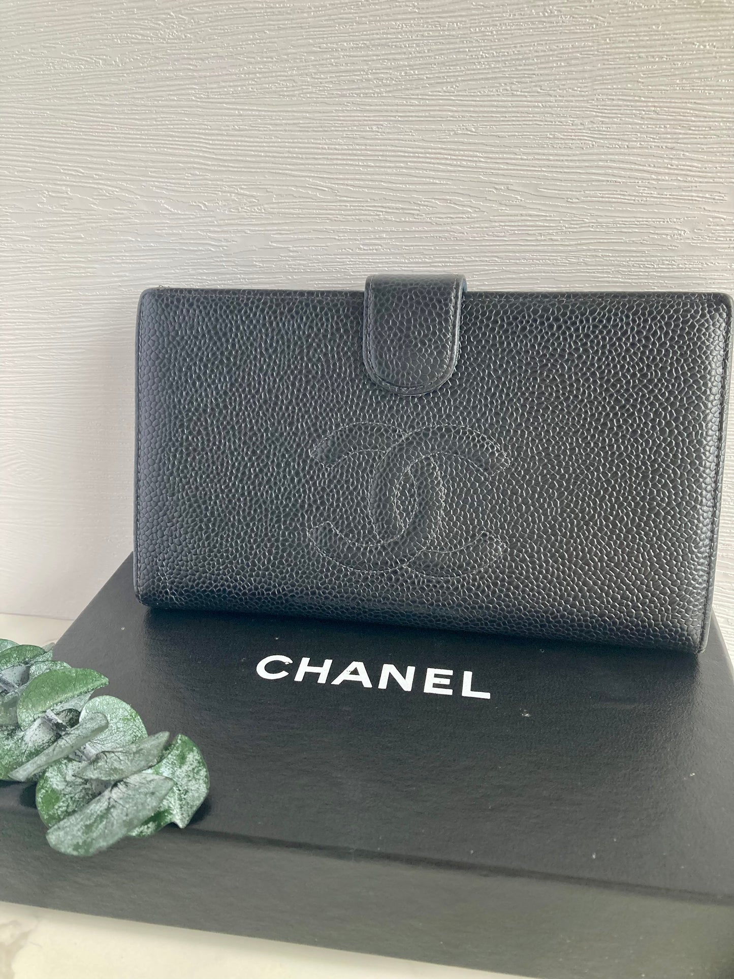 CHANEL Black Caviar Leather Long Wallet with Gold Hardware