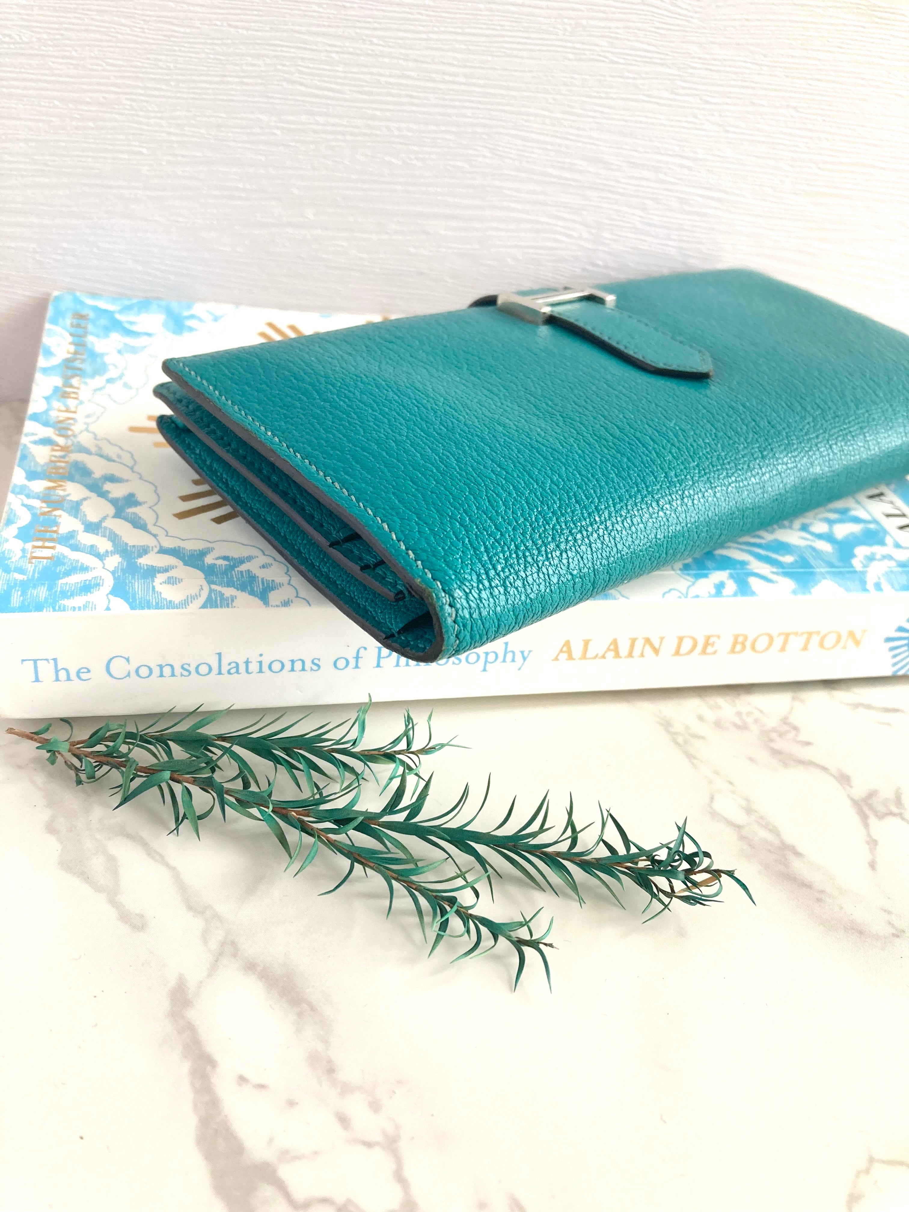 HERMES 7F Bleu Paon Bearn Bi-fold Long Wallet 