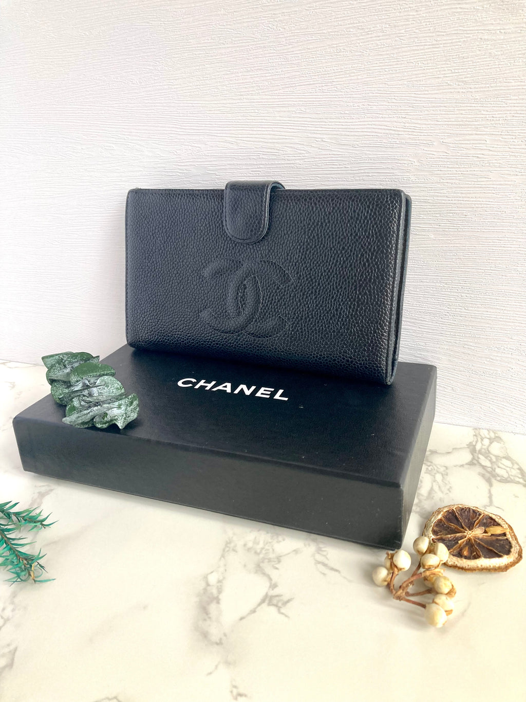 CHANEL Black Caviar Leather Long Wallet with Gold Hardware