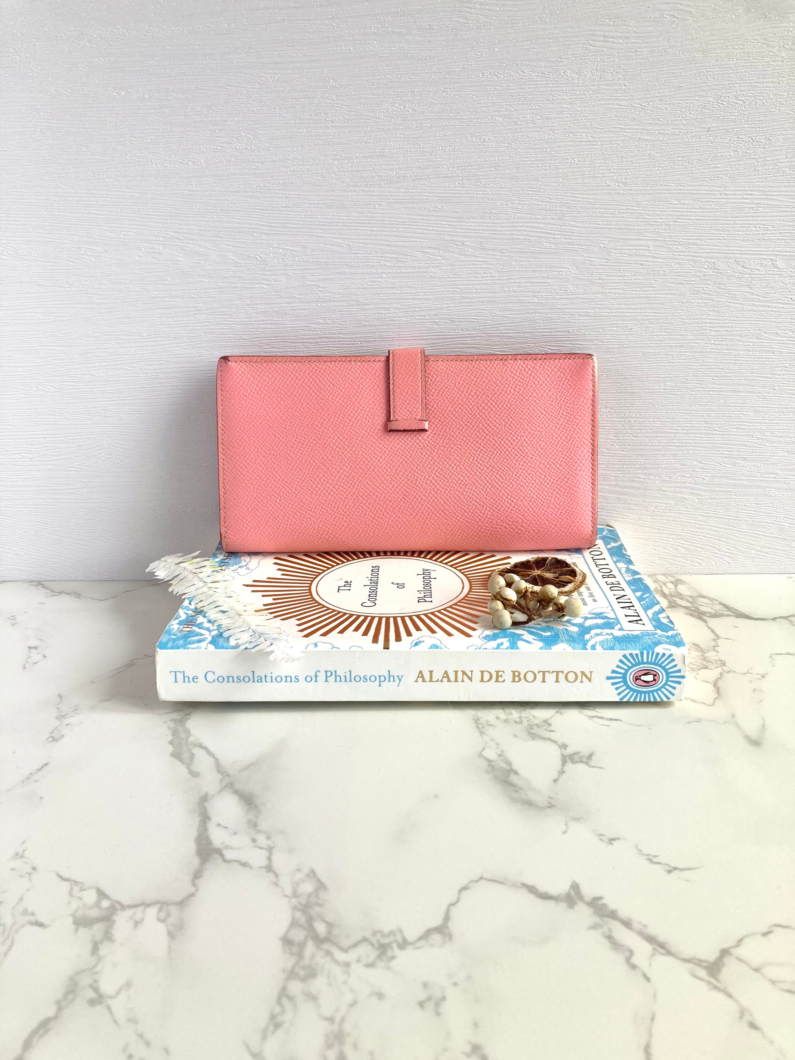 HERMES pink leather silver buckle Bearn long clip / wallet / purse
