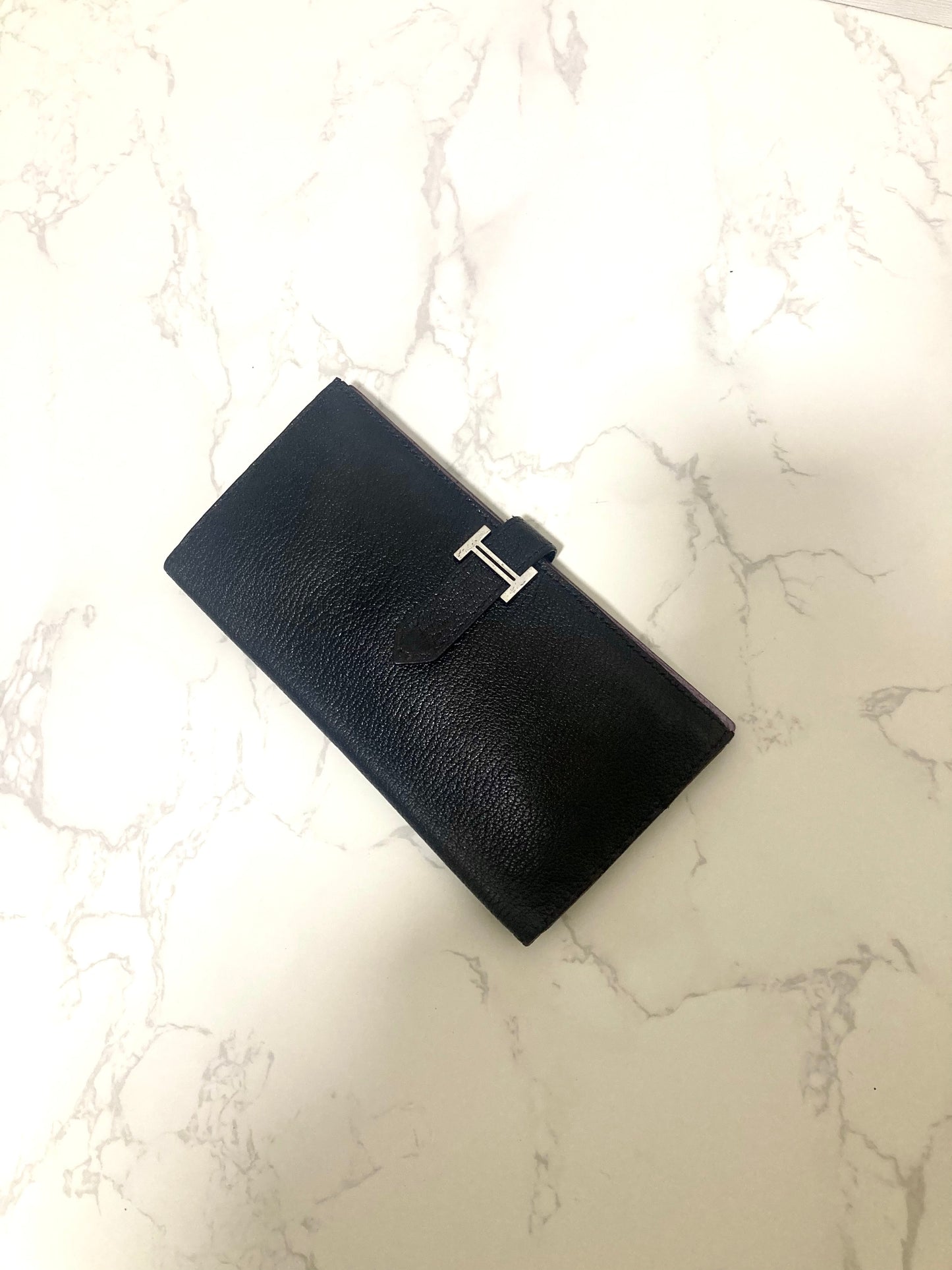HERMES Black x Silver with Purple Interior Bi-fold Bearn Wallet