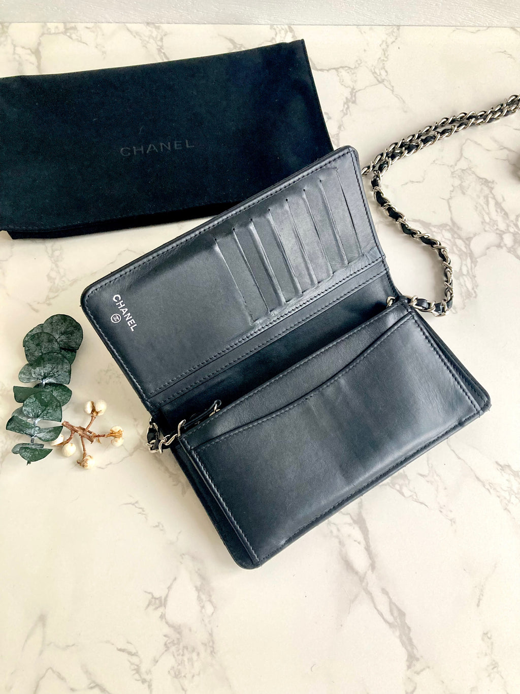 CHANEL Caviar Leather Long Flap Wallet (with Add-on Chain) 