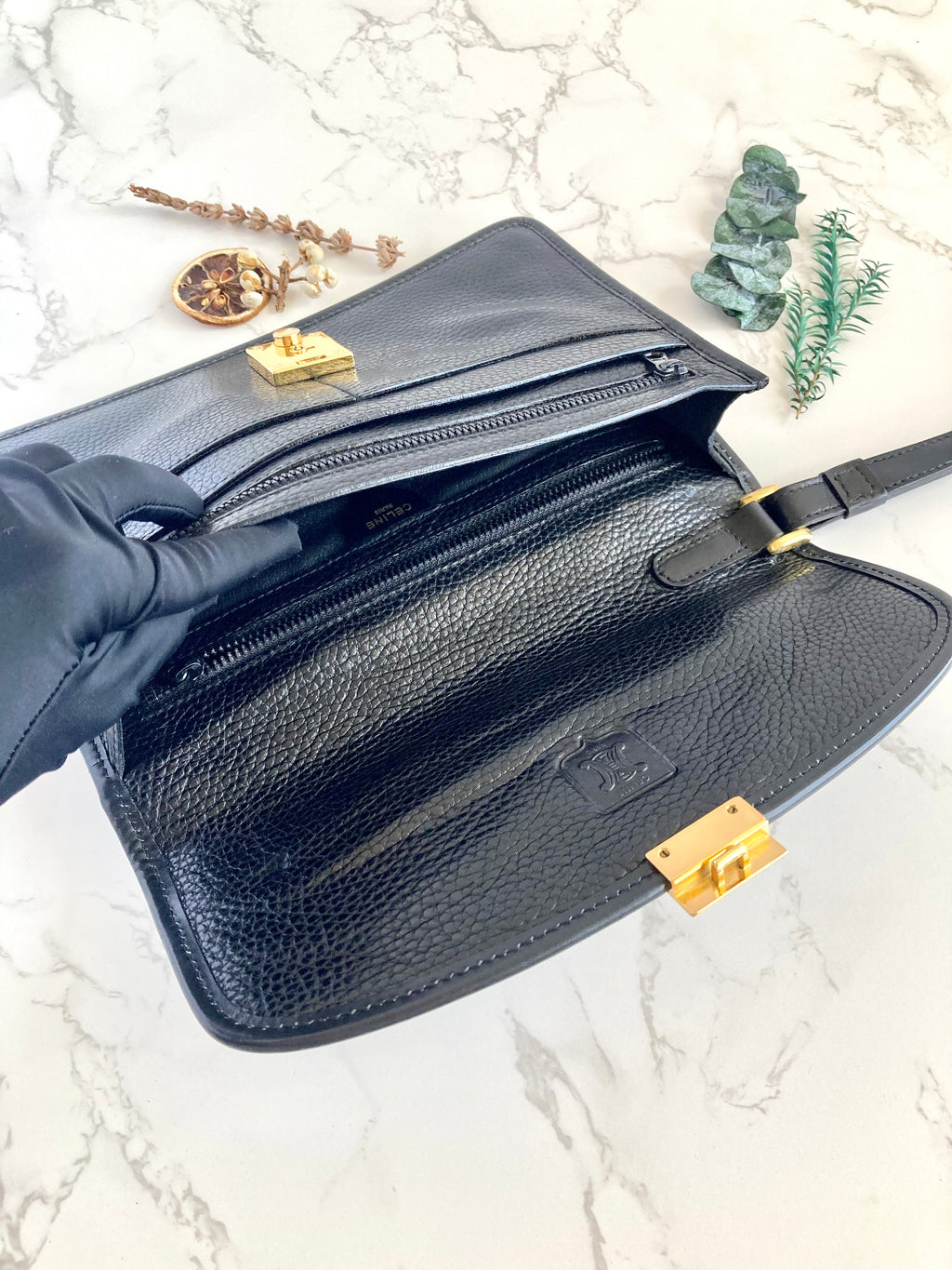 CELINE Black x Gold Leather Clutch