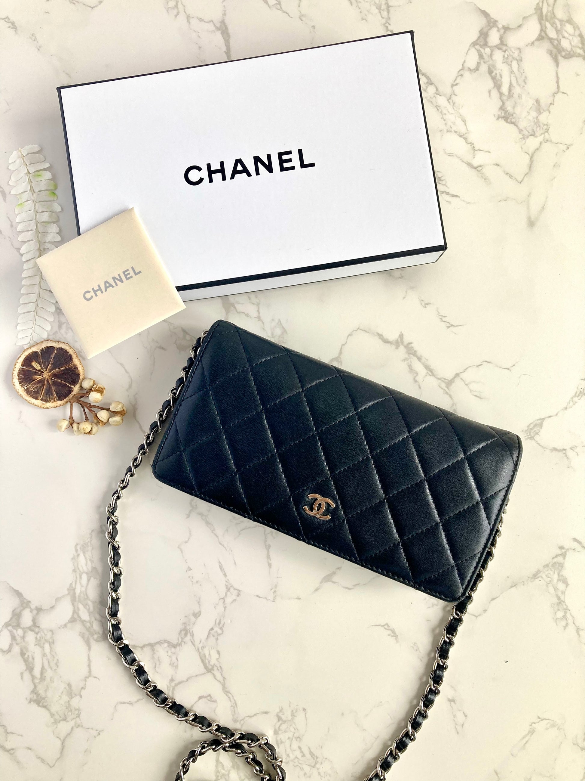 CHANEL Classic Lamb Skin Flap Wallet / Wallet-on-chain WOC – Silver CC Logo (With Add-on Chain)