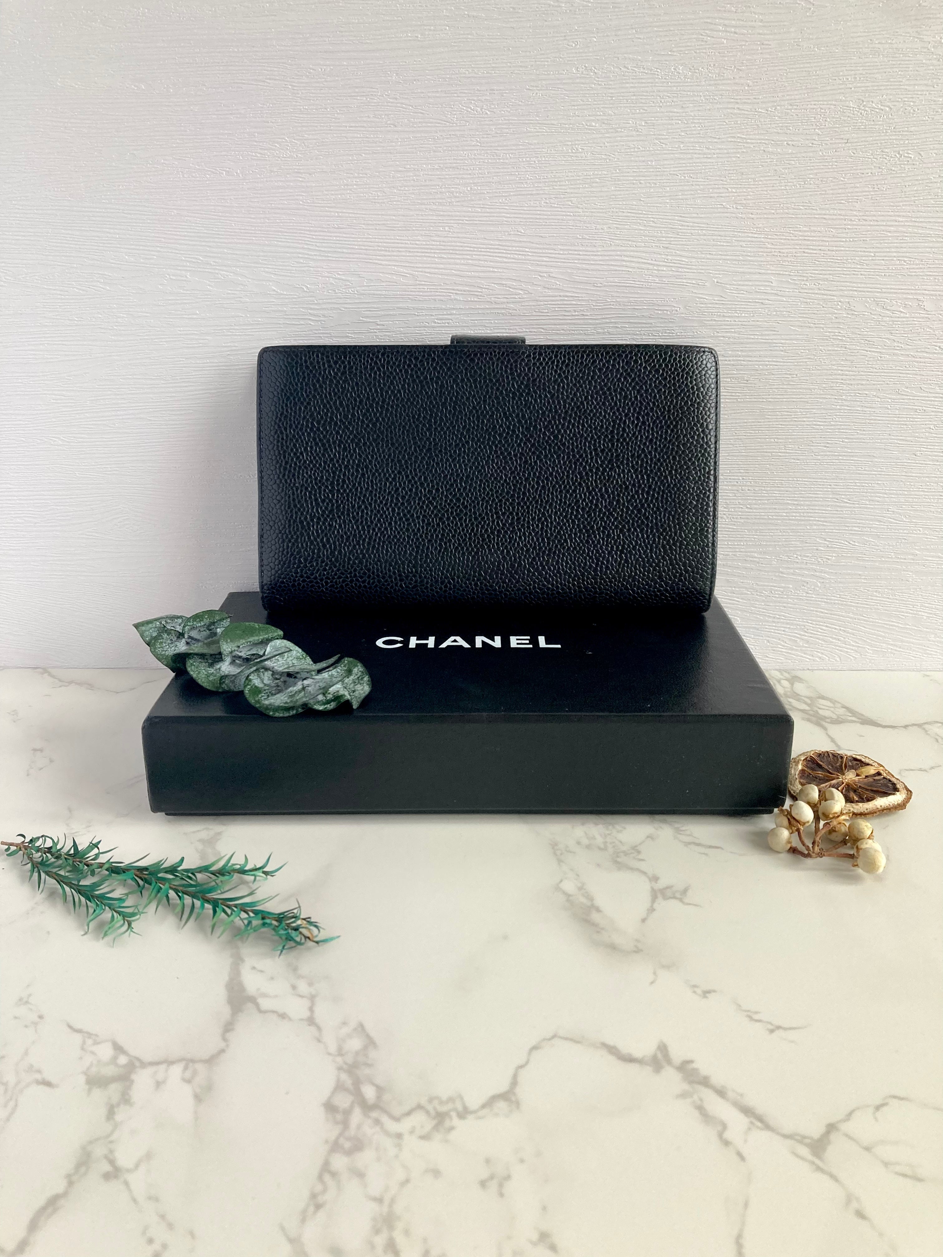 CHANEL Black Caviar Leather Long Wallet with Gold Hardware 