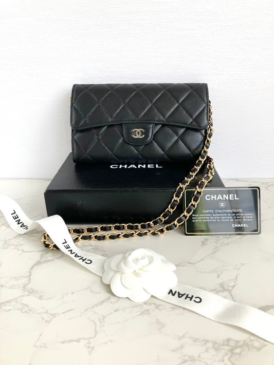 CHANEL Classic Lamb Skin Long Wallet – Silver CC Logo (With Add-on Chain)